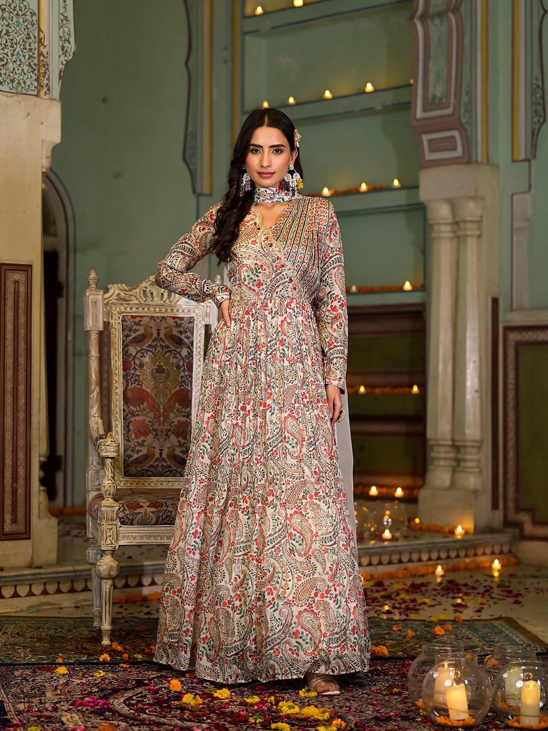 Women's Beige Digital Print Chinon Fabric Gota Work Party Dress with Organza Dupatta - Taantav