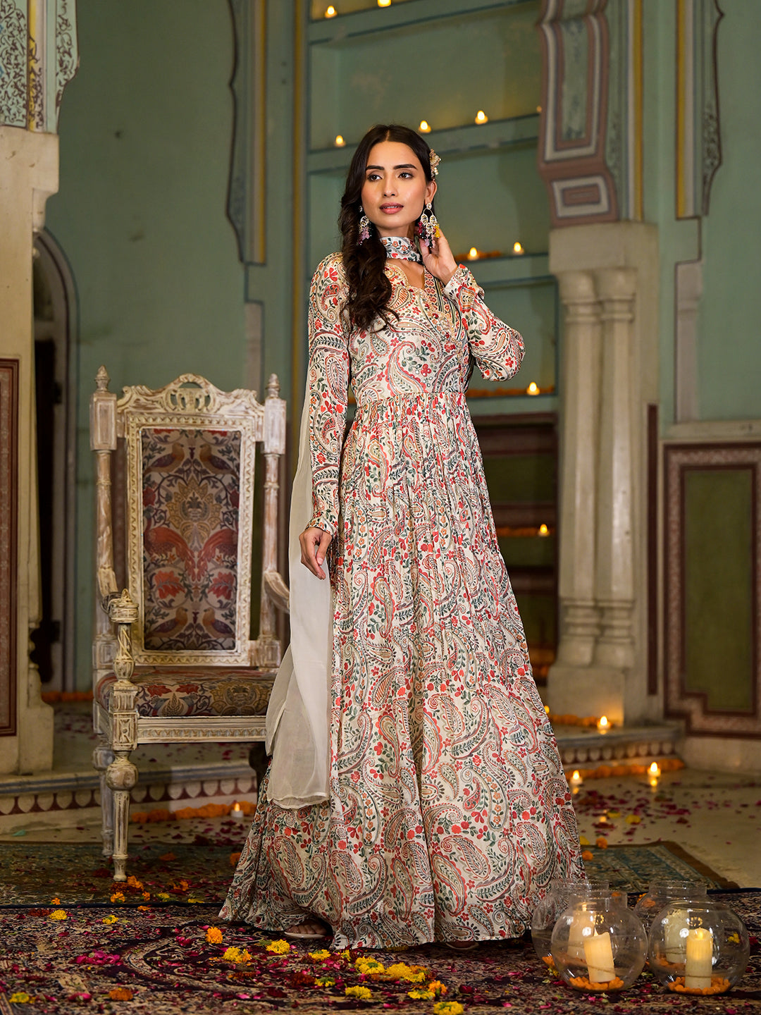 Women's Beige Digital Print Chinon Fabric Gota Work Party Dress with Organza Dupatta - Taantav