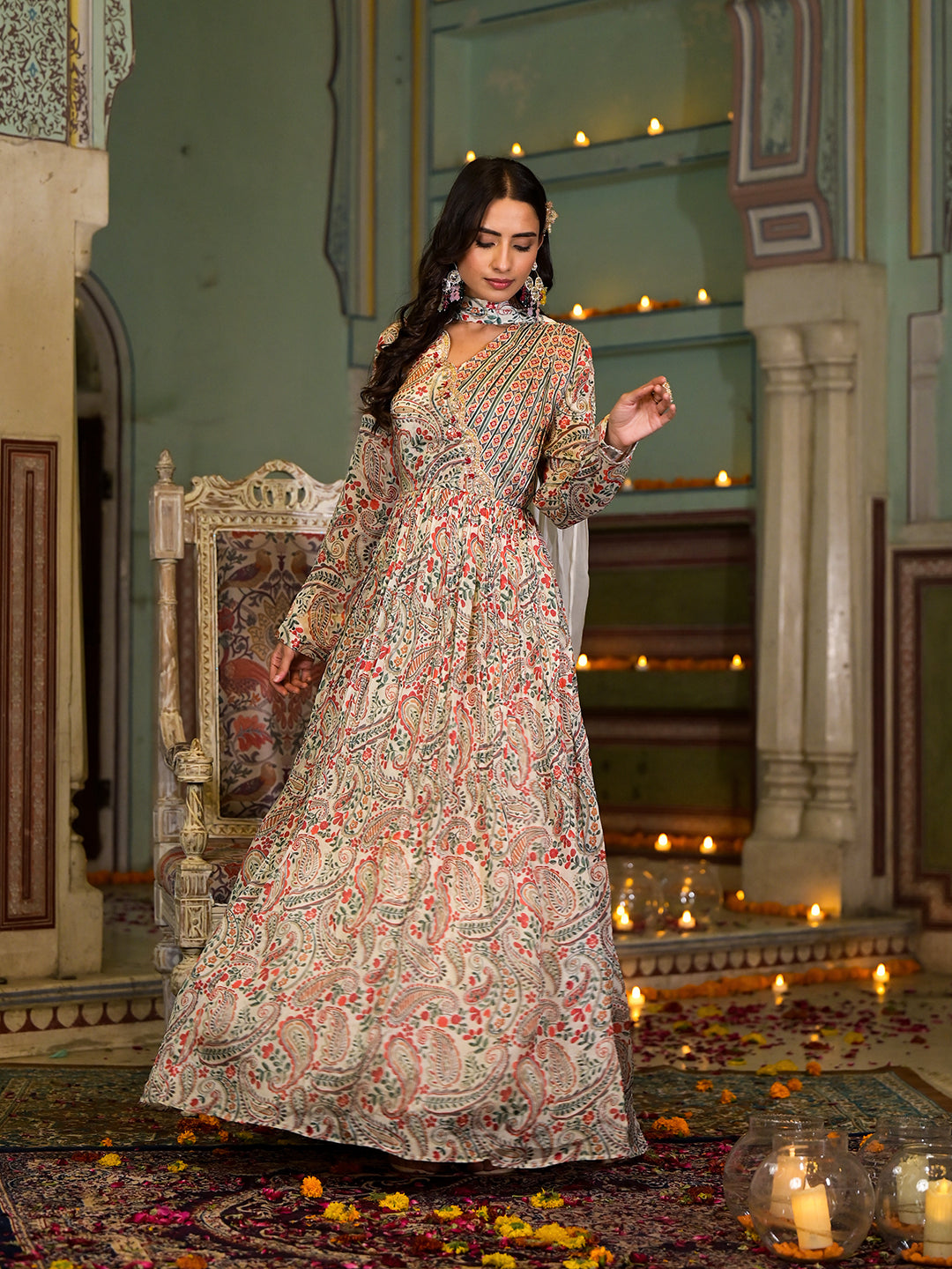 Women's Beige Digital Print Chinon Fabric Gota Work Party Dress with Organza Dupatta - Taantav