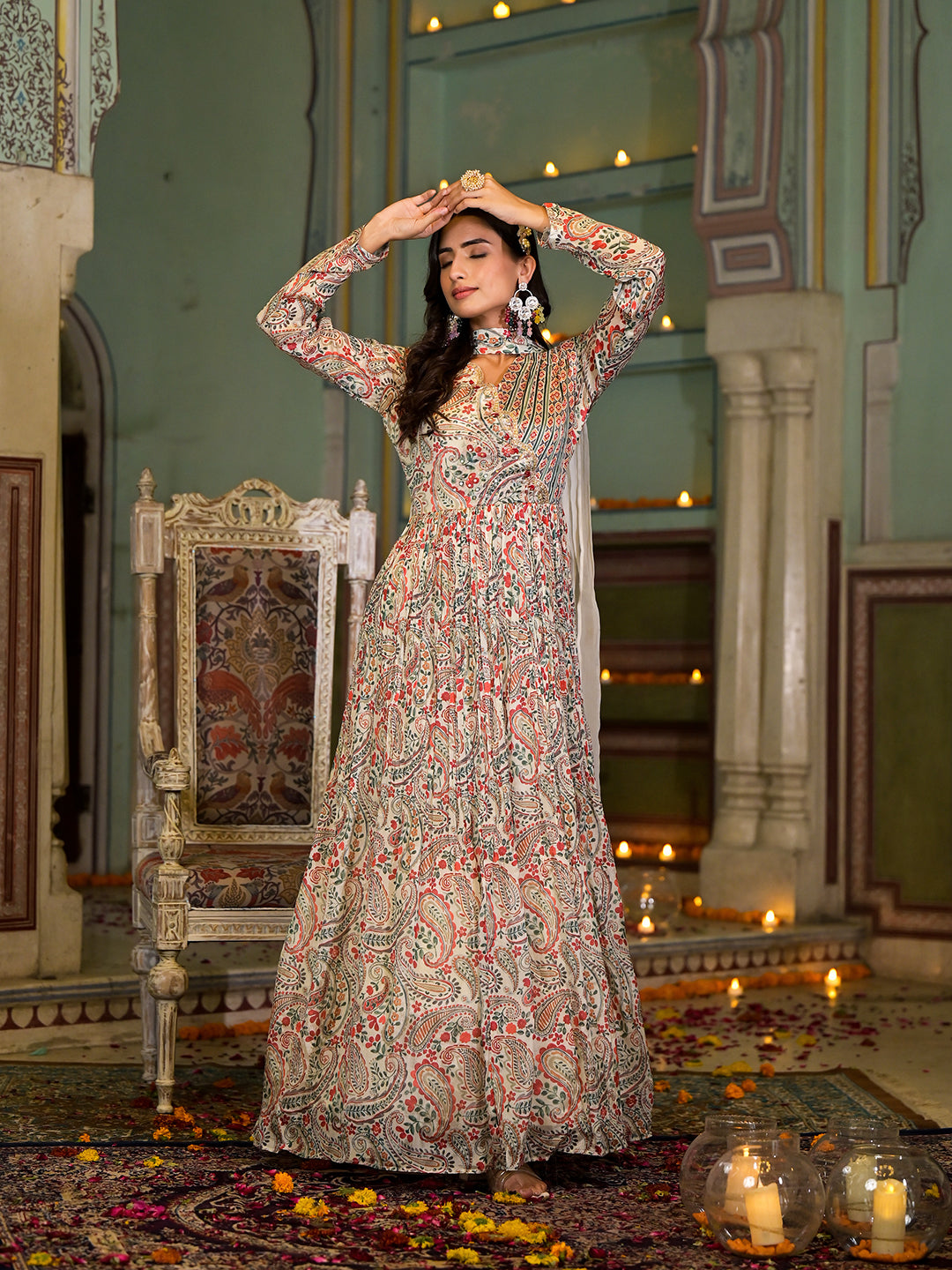 Women's Beige Digital Print Chinon Fabric Gota Work Party Dress with Organza Dupatta - Taantav