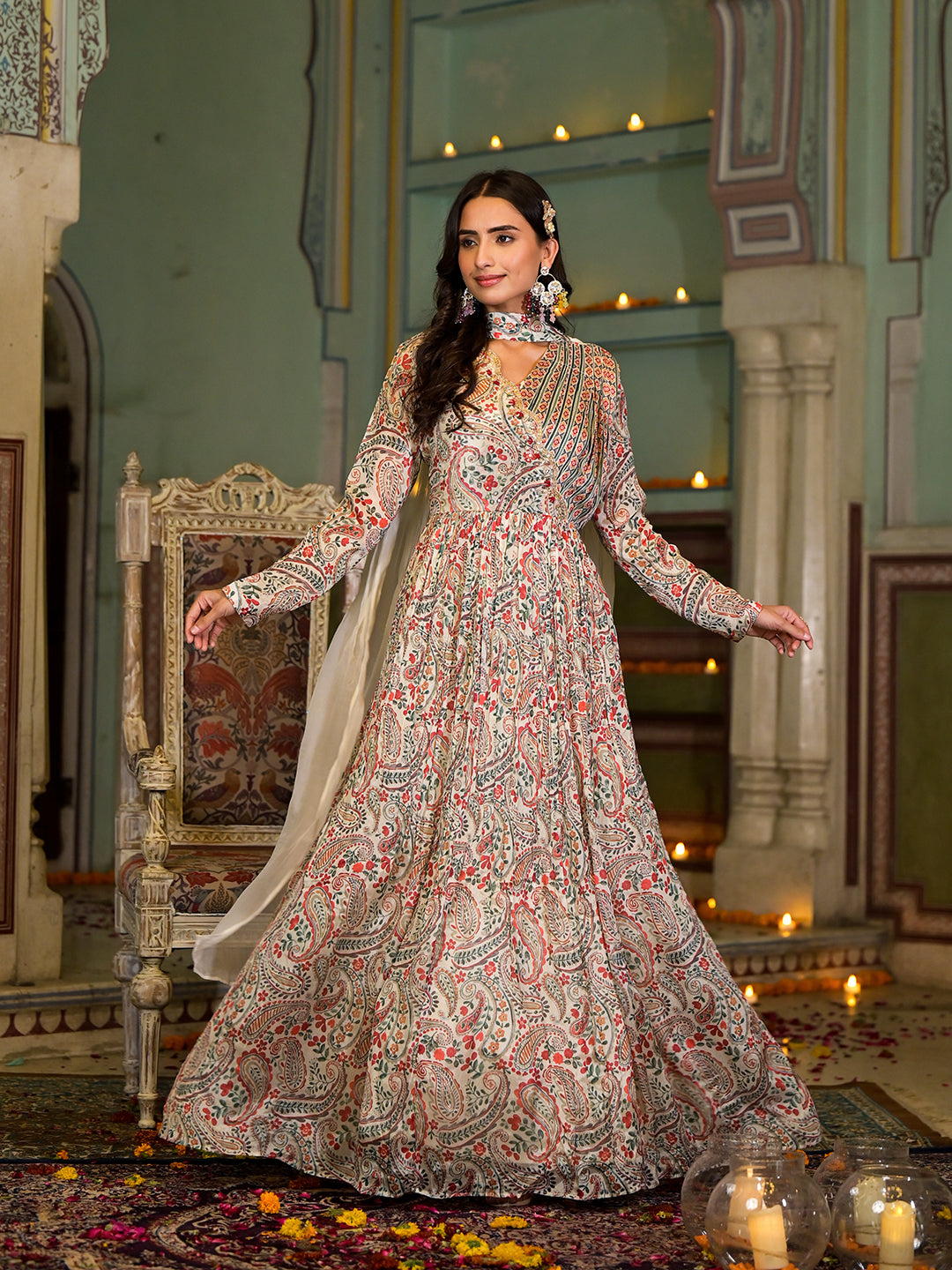 Women's Beige Digital Print Chinon Fabric Gota Work Party Dress with Organza Dupatta - Taantav