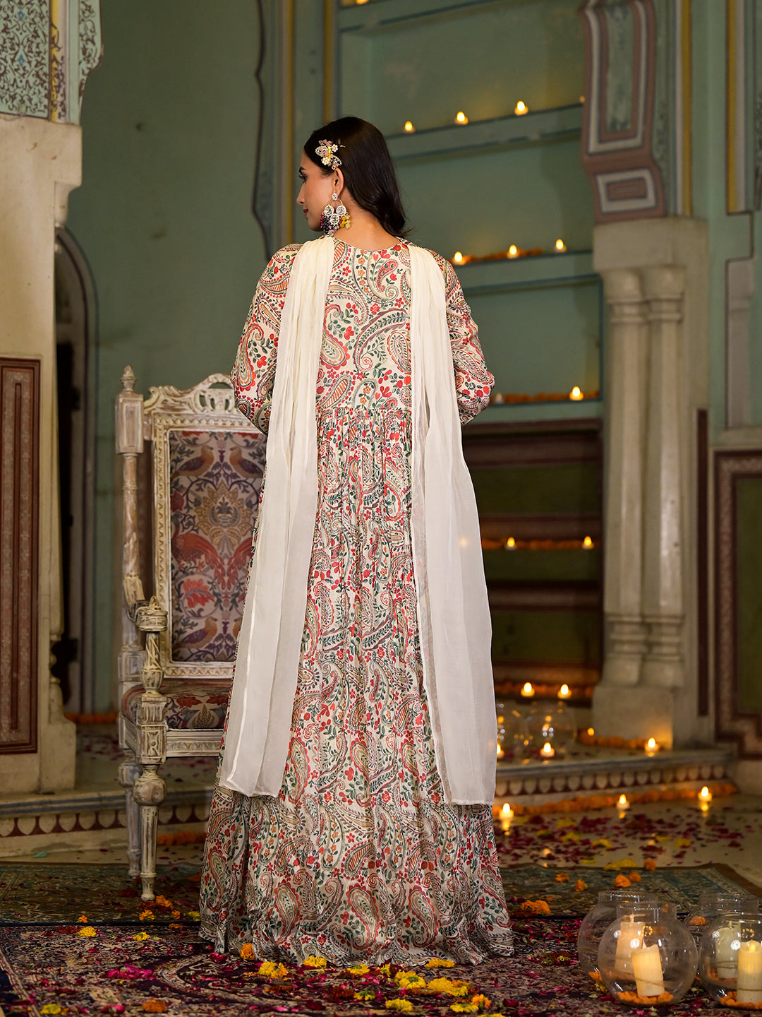 Women's Beige Digital Print Chinon Fabric Gota Work Party Dress with Organza Dupatta - Taantav