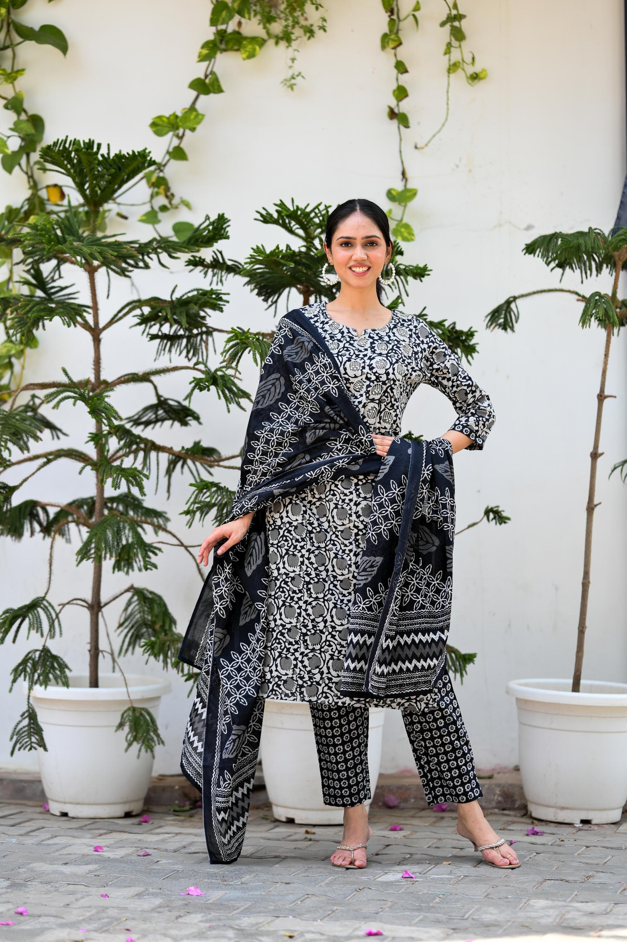 Women's Black Floral Embroidered Cotton Kurta Set With Dupatta-Benaaz