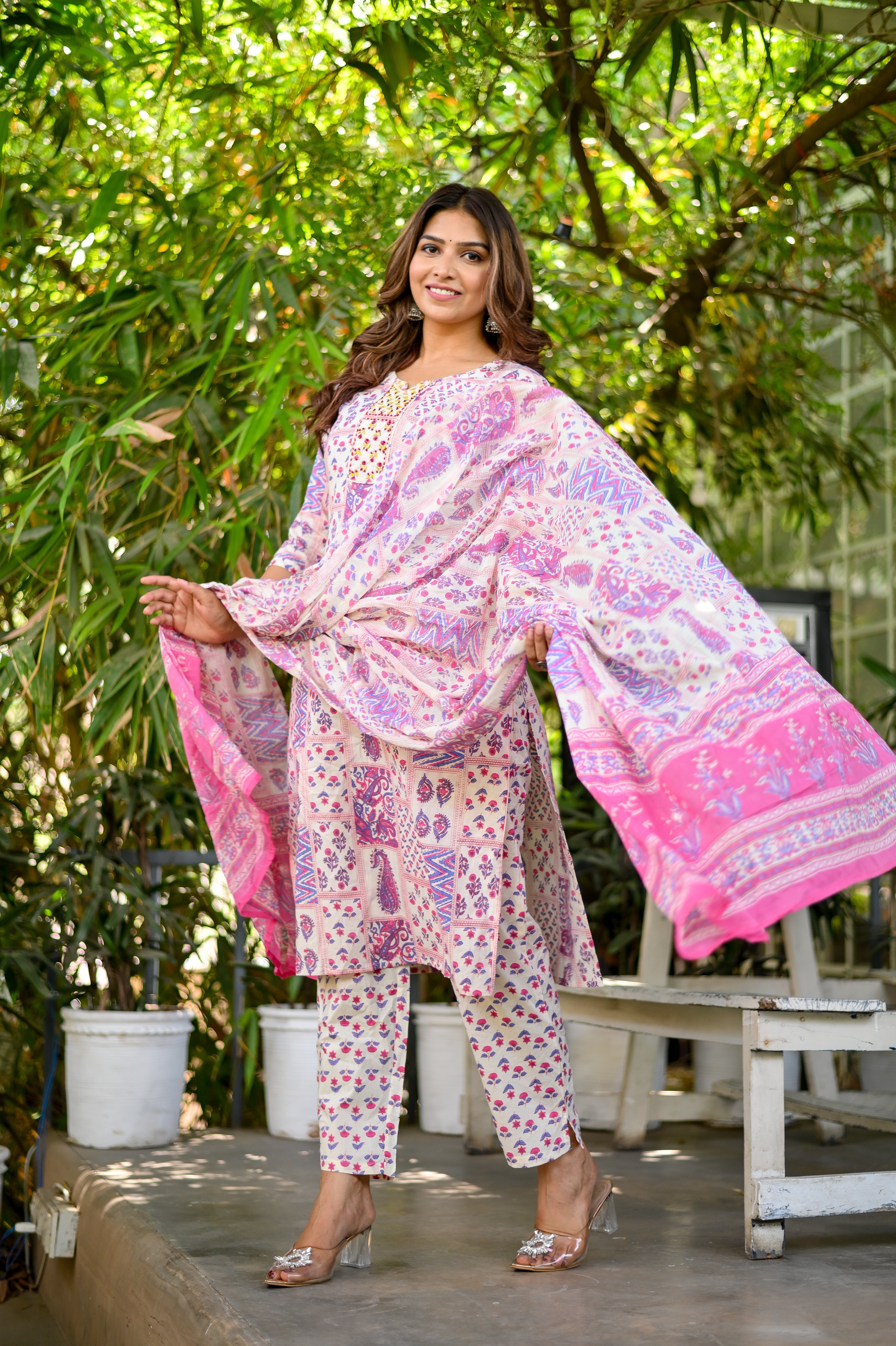 Women's Pink Printed On Cream Hand Work Cotton Kurta Set With Dupatta - Benaaz