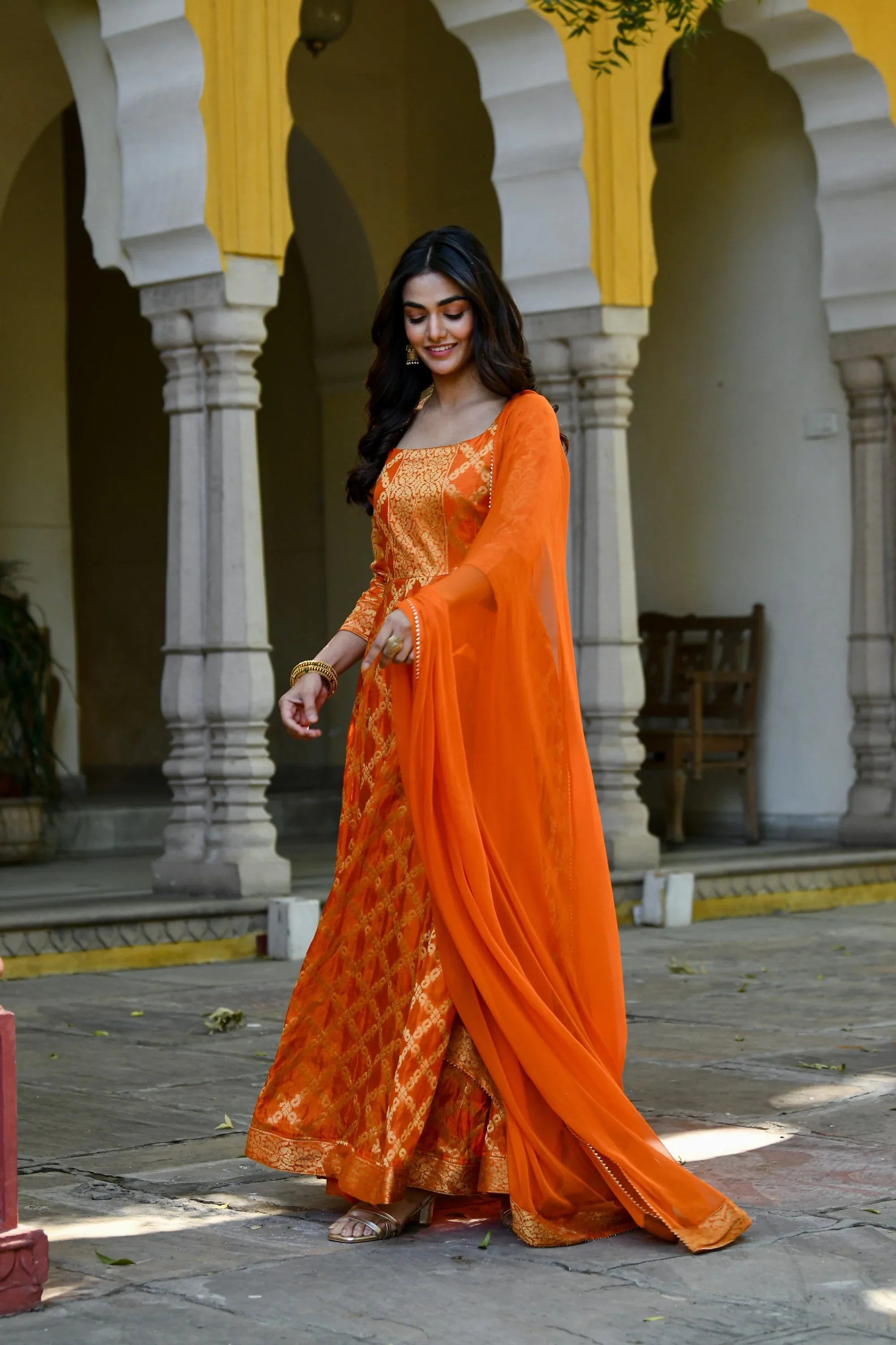 Women's Orange Silk Anarkali Gown With Dupatta- (2Pc Set)  - Saras The Label USA