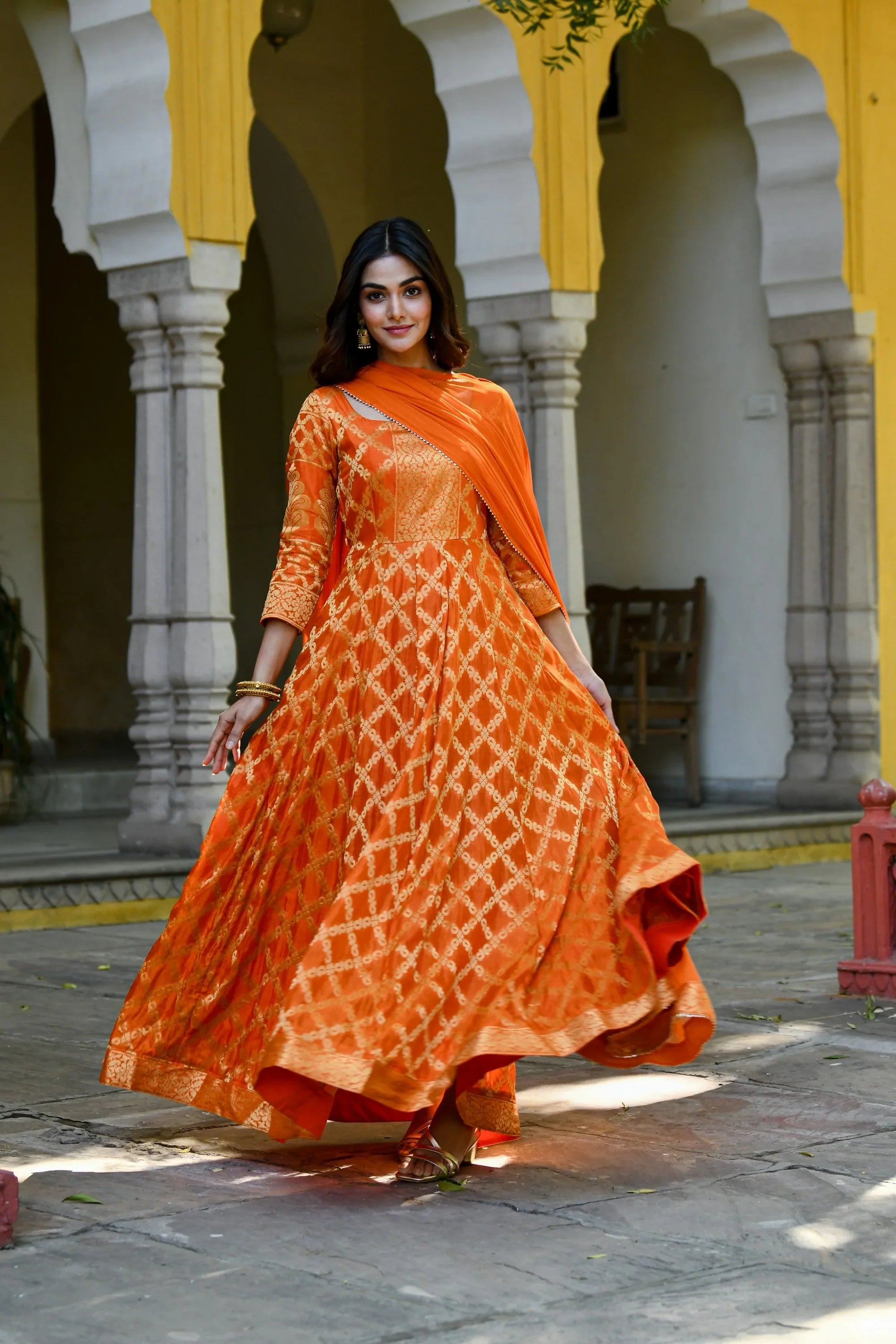 Women's Orange Silk Anarkali Gown With Dupatta- (2Pc Set)  - Saras The Label USA