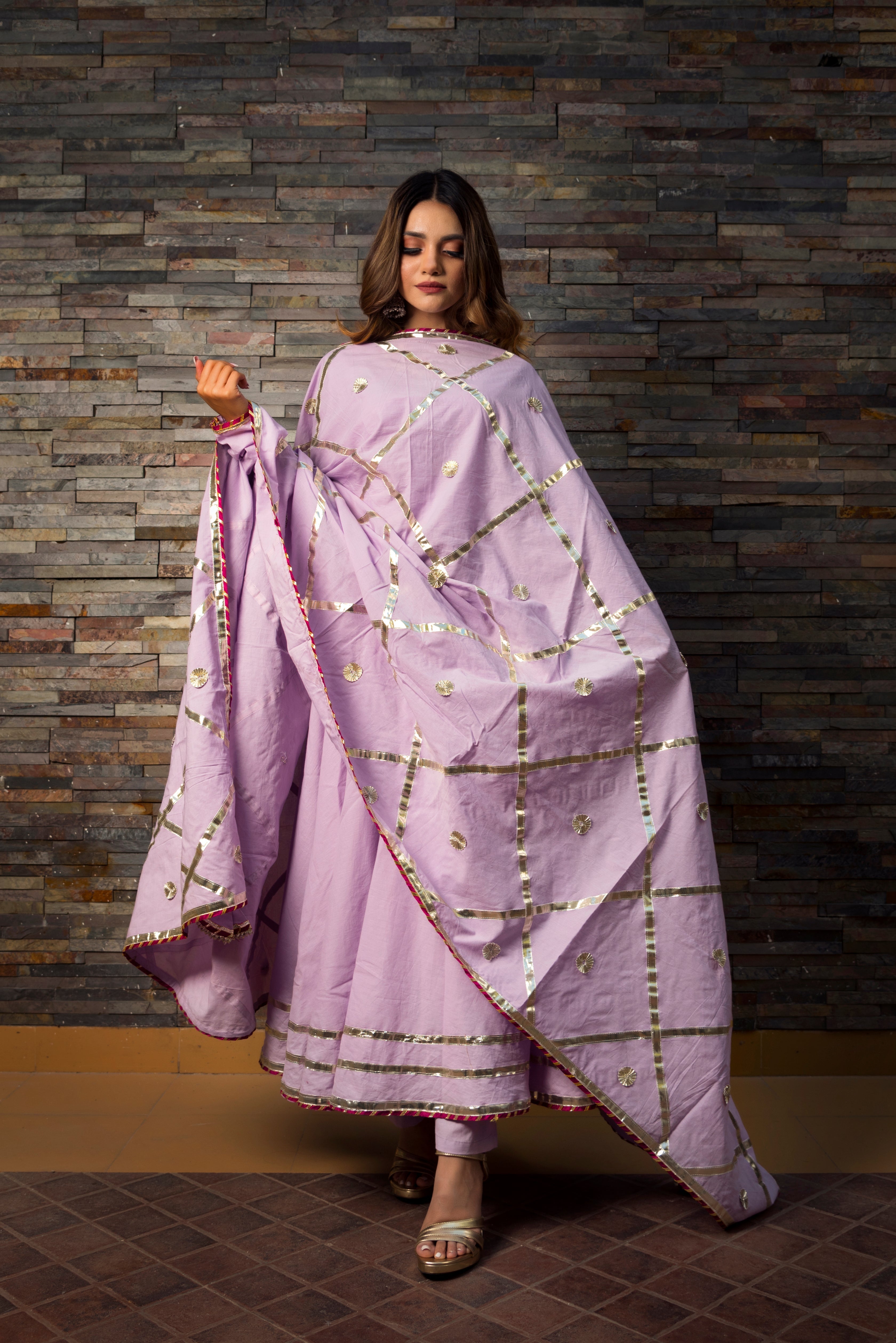 Women's Lavender Cotton Anarkali Kurta with Pant & Dupatta (3pcs Set) - Pomcha Jaipur USA