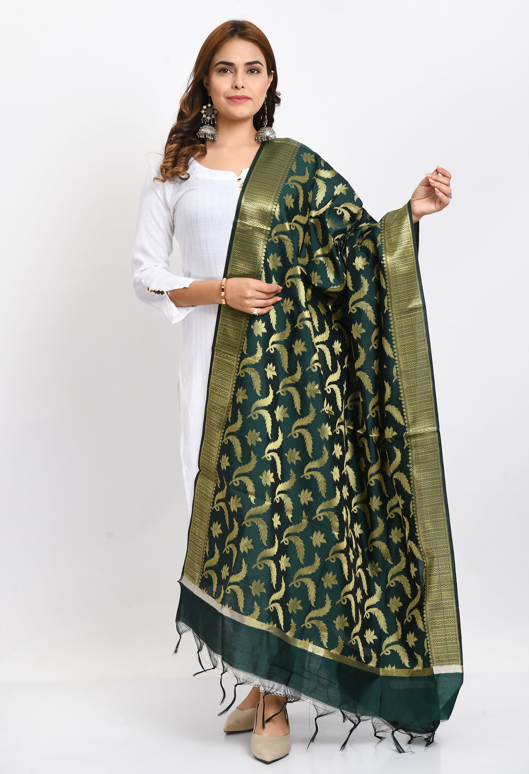 Women's Banarsi Silk Floral Woven Design Bottle Green Dupatta