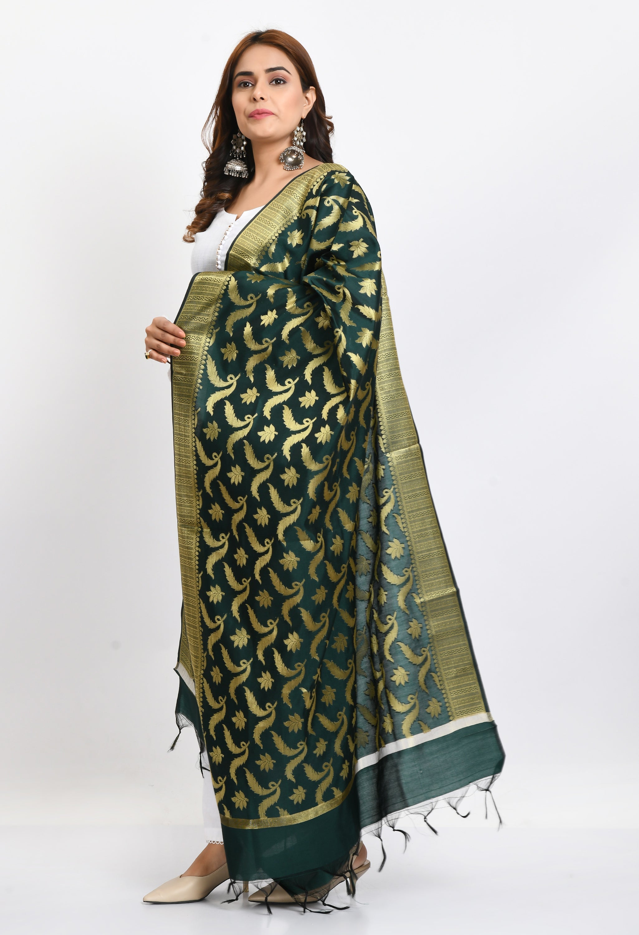 Women's Banarsi Silk Floral Woven Design Bottle Green Dupatta
