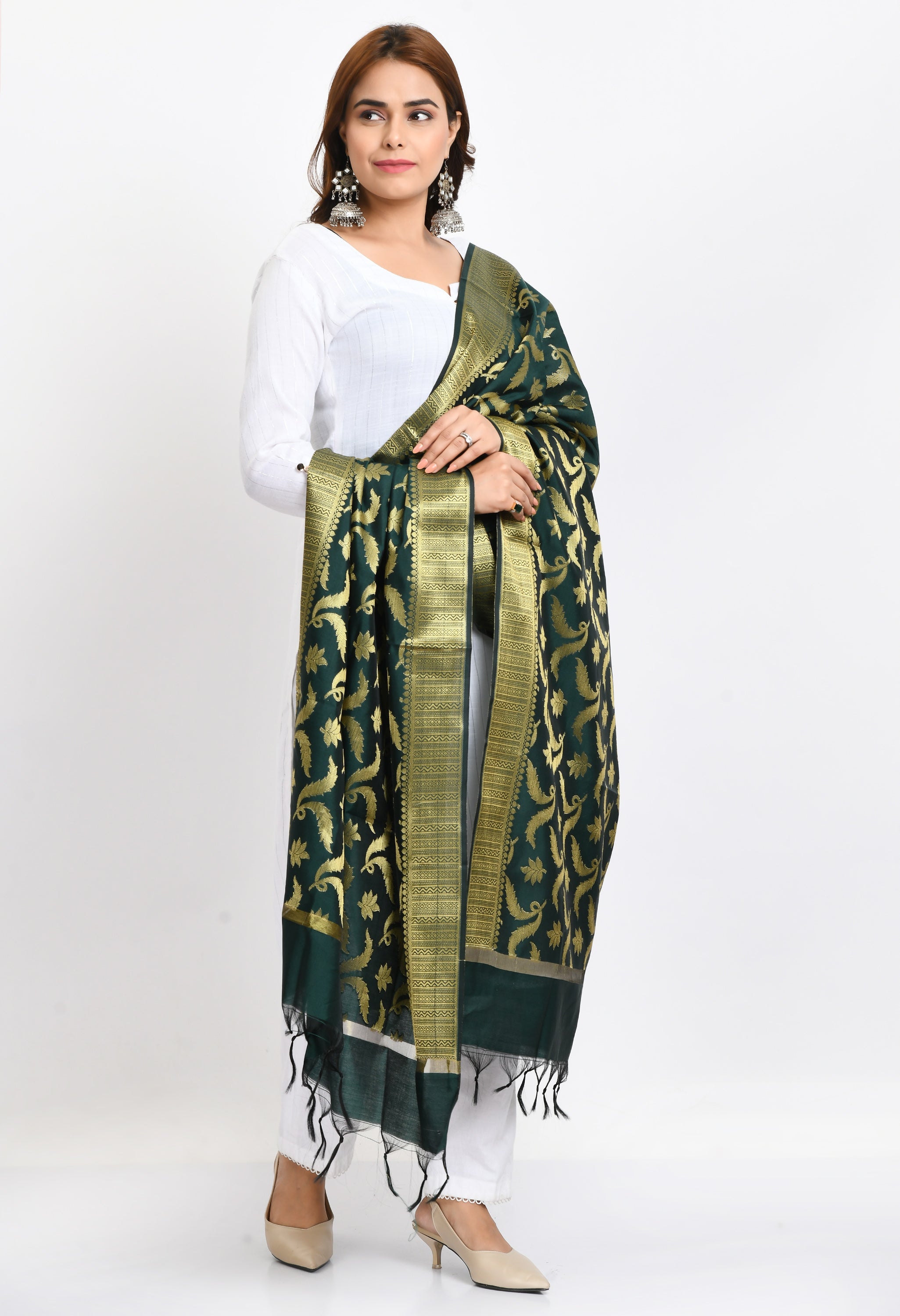Women's Banarsi Silk Floral Woven Design Bottle Green Dupatta