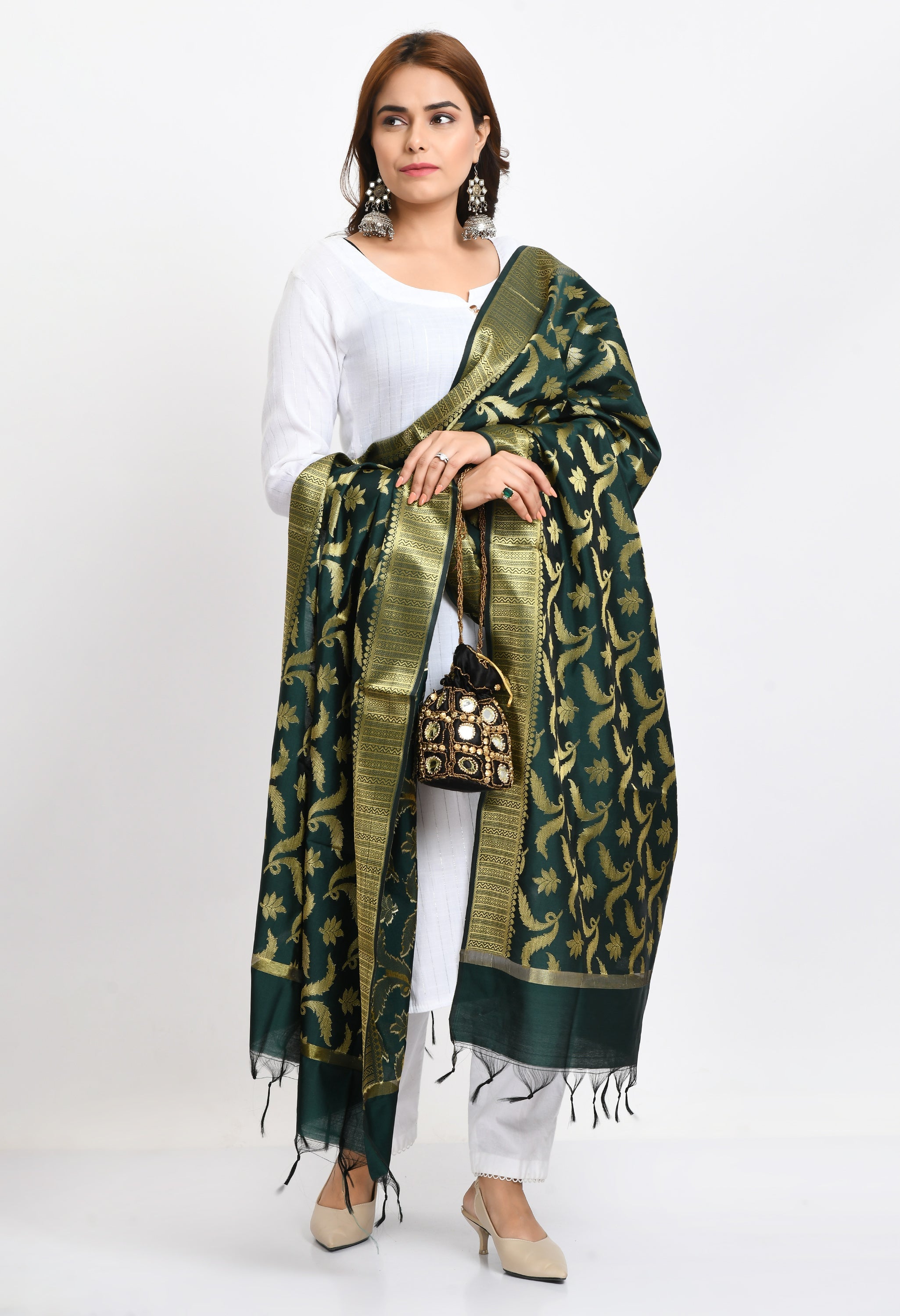 Women's Banarsi Silk Floral Woven Design Bottle Green Dupatta