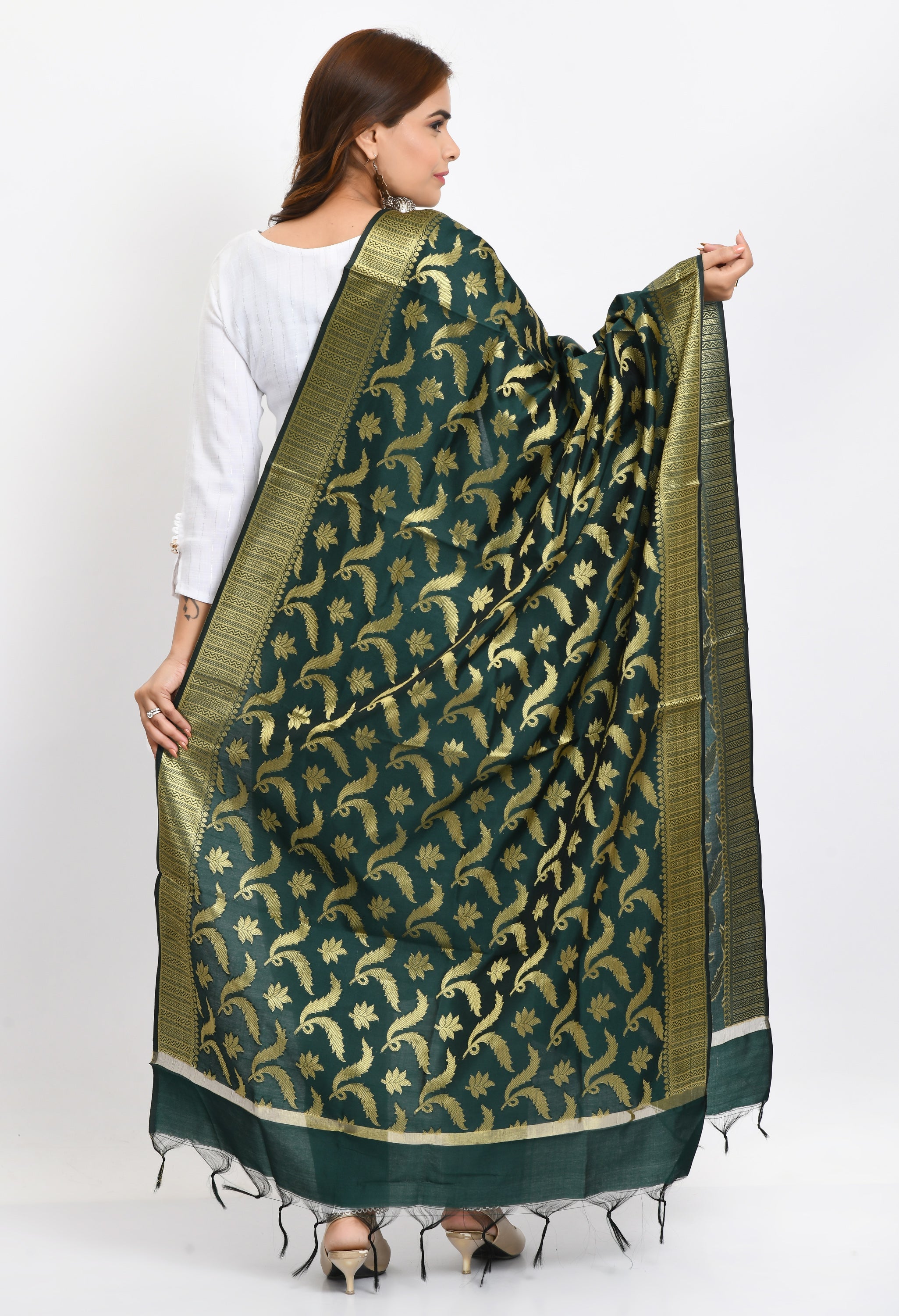 Women's Banarsi Silk Floral Woven Design Bottle Green Dupatta