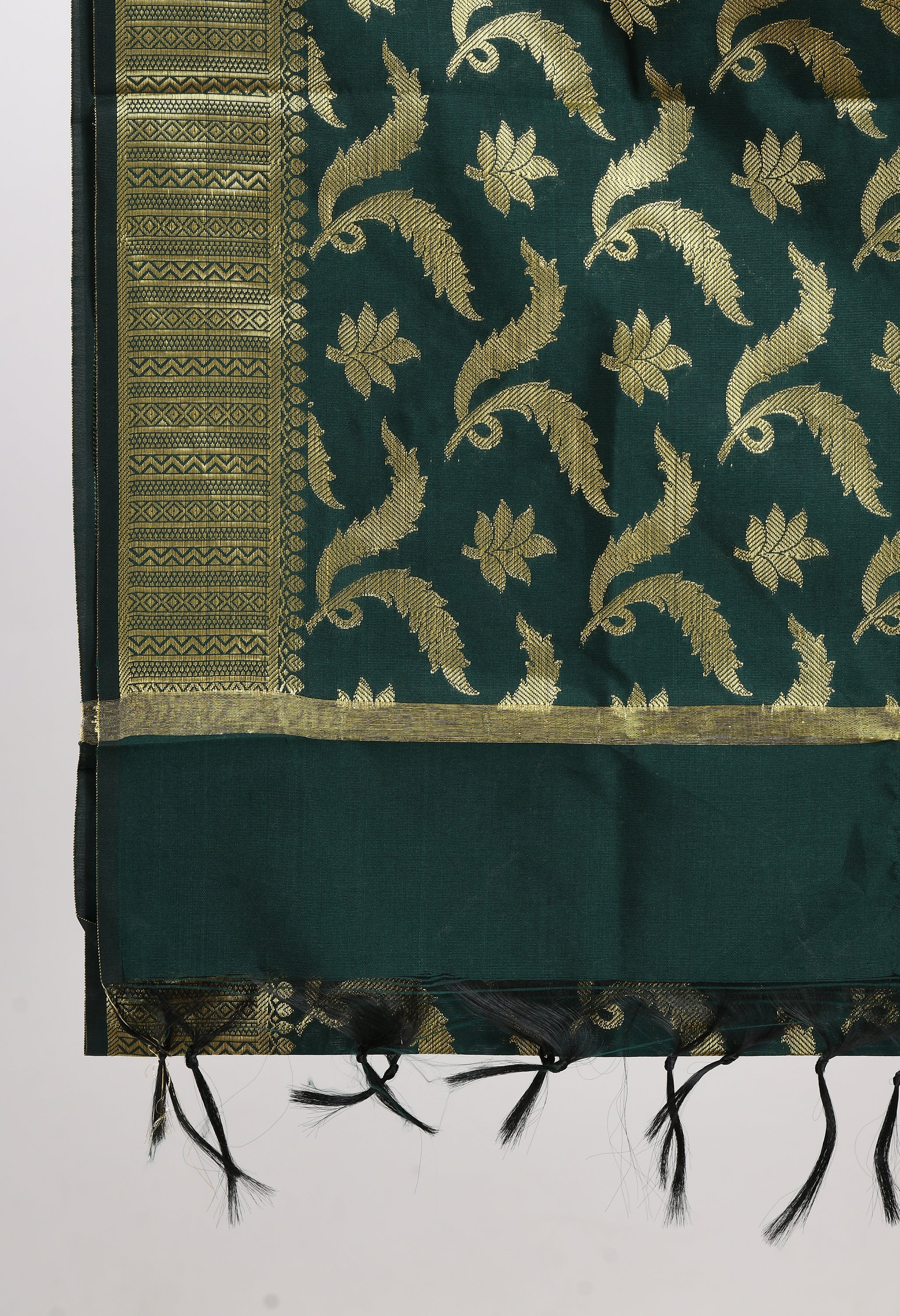 Women's Banarsi Silk Floral Woven Design Bottle Green Dupatta