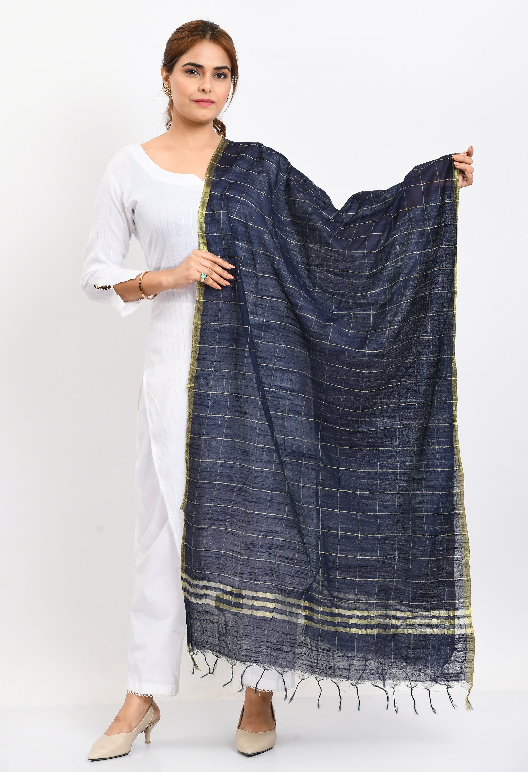 Women's Cotton Zari Box Navy Blue Dupatta