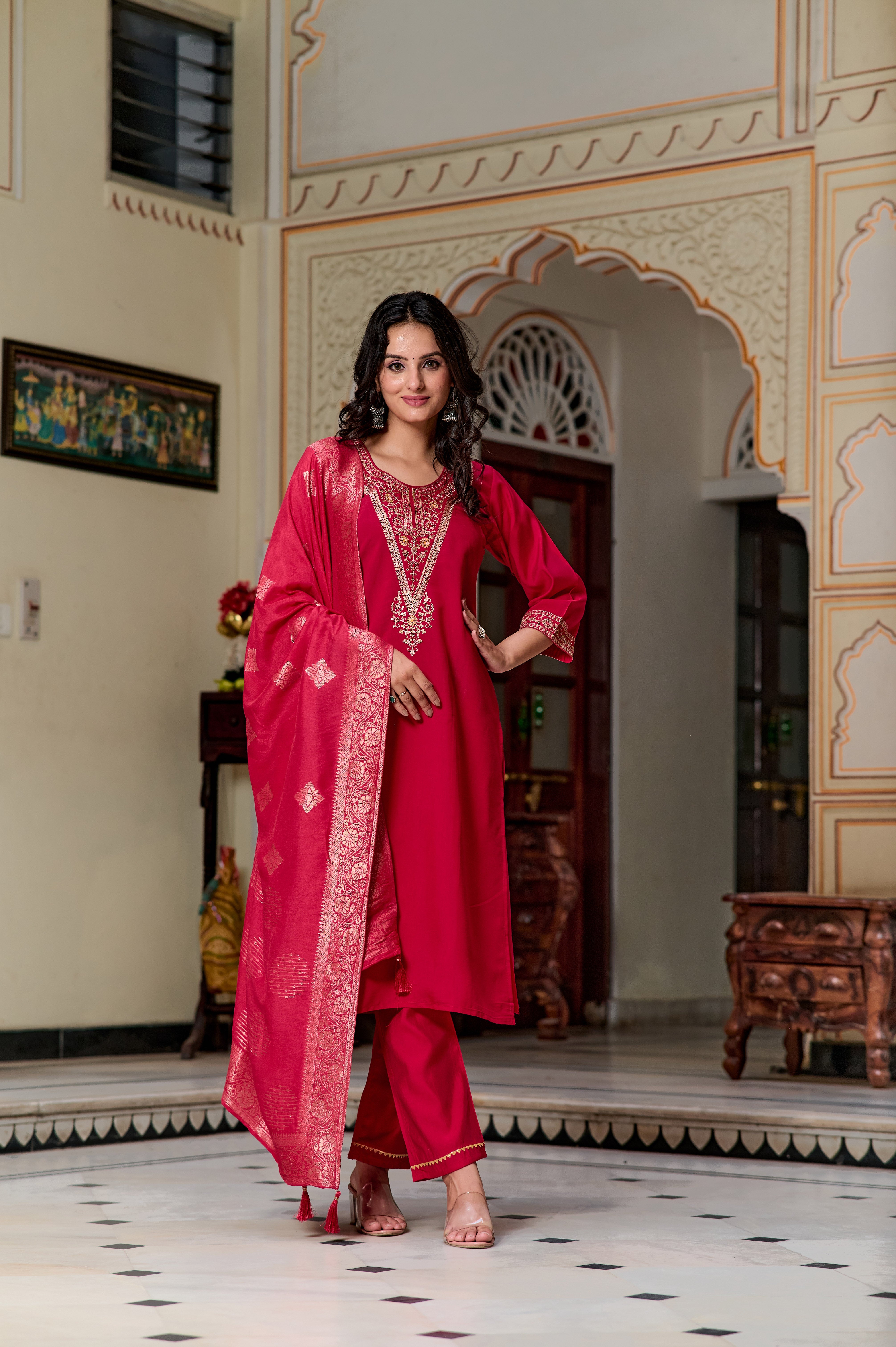 Women's Round Neck Embroidered Work, Chanderi Fabric Kurta & Pant With Dupatta Set - Taantav