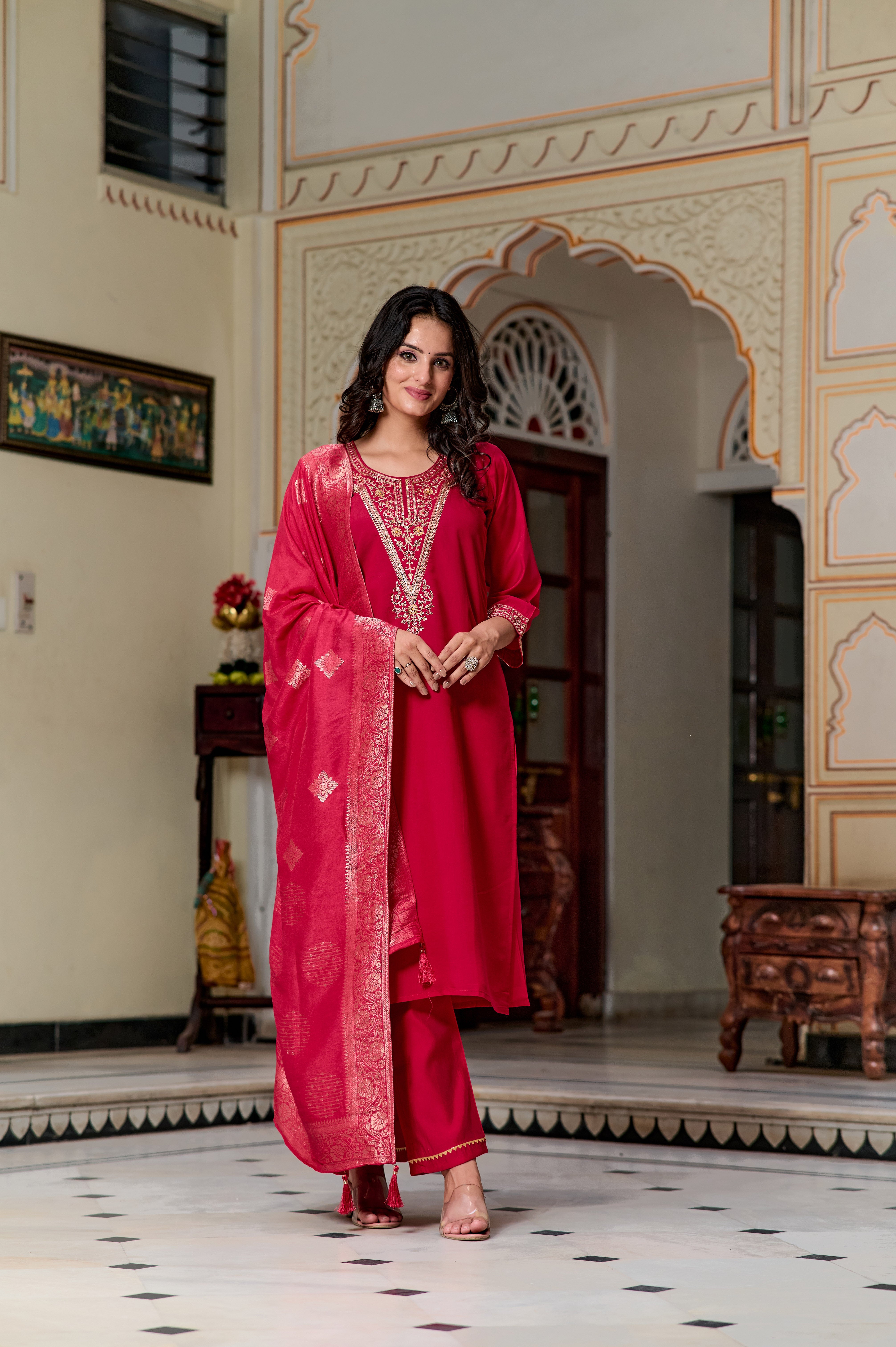 Women's Round Neck Embroidered Work, Chanderi Fabric Kurta & Pant With Dupatta Set - Taantav