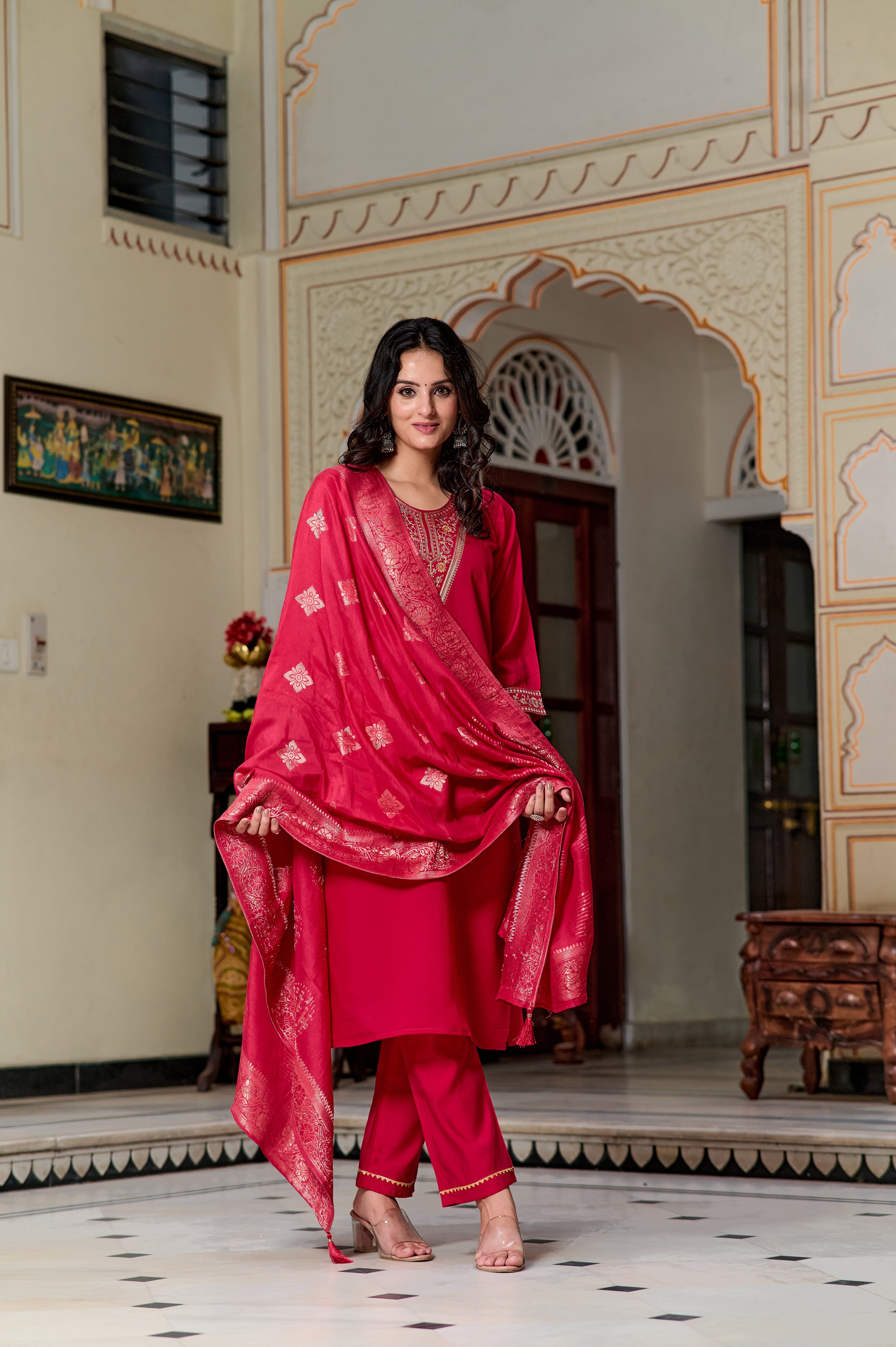 Women's Round Neck Embroidered Work, Chanderi Fabric Kurta & Pant With Dupatta Set - Taantav