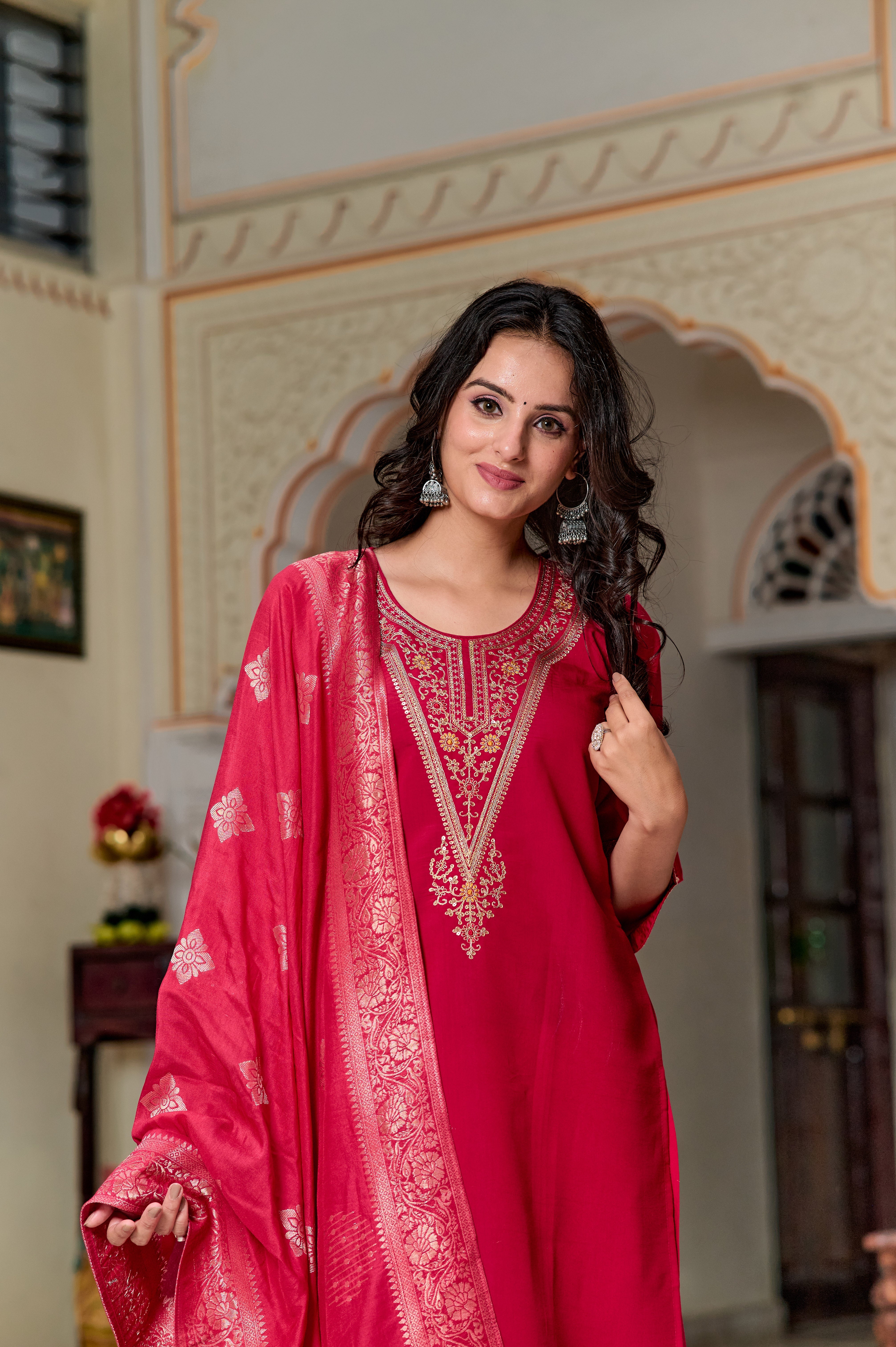 Women's Round Neck Embroidered Work, Chanderi Fabric Kurta & Pant With Dupatta Set - Taantav