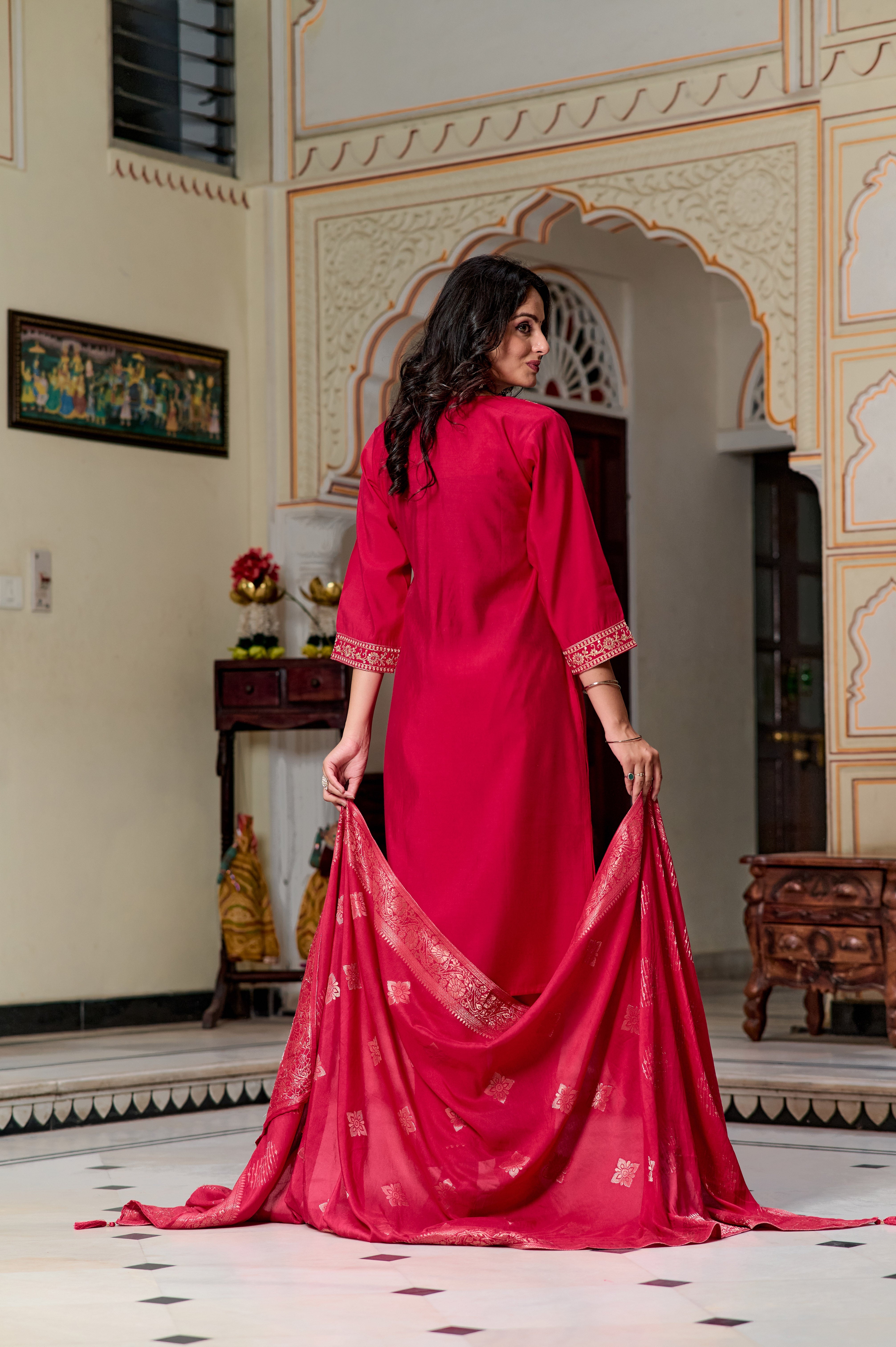 Women's Round Neck Embroidered Work, Chanderi Fabric Kurta & Pant With Dupatta Set - Taantav