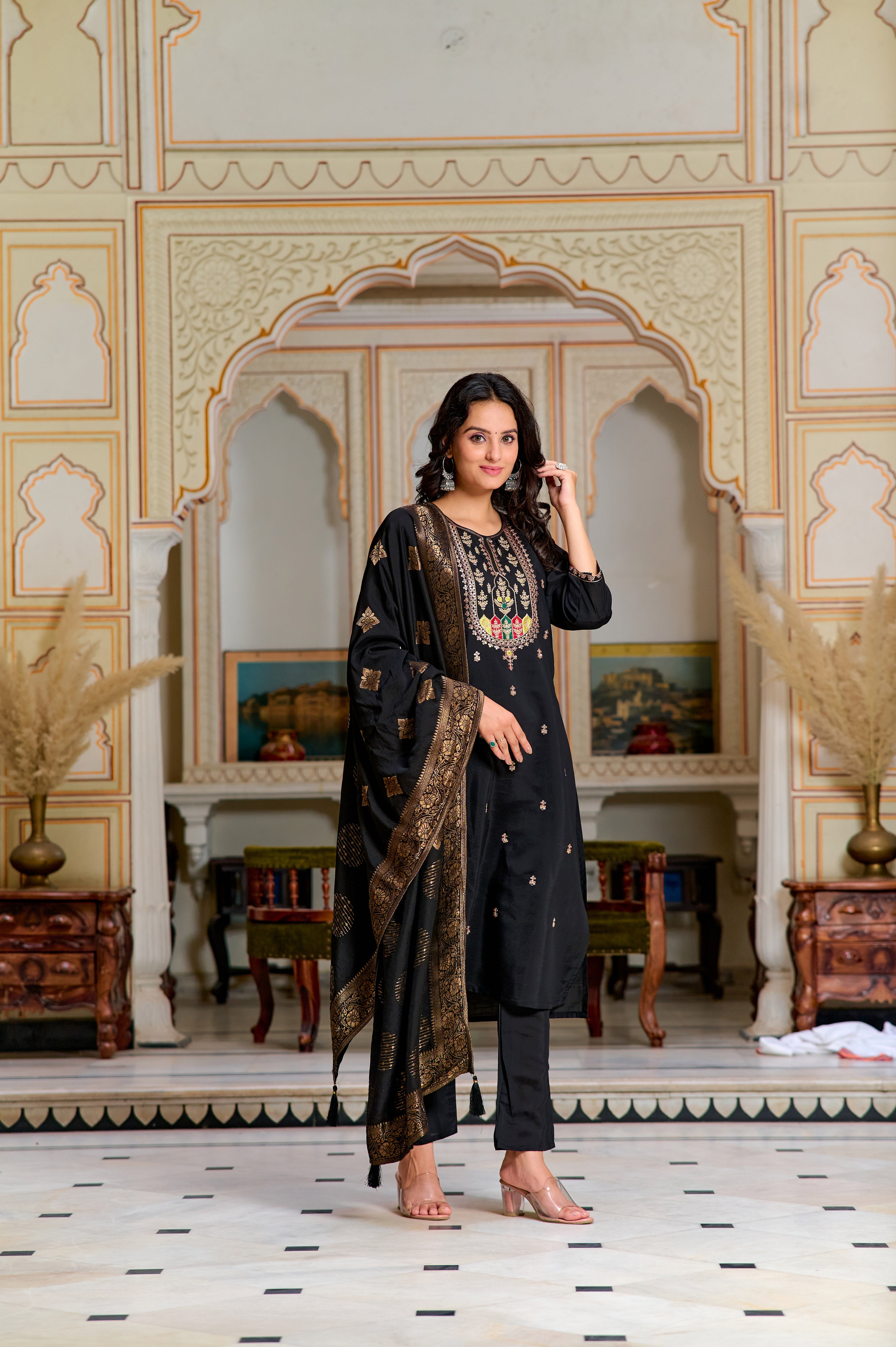 Women's Round Neck Embroidered Work, Chanderi Fabric Kurta & Pant With Dupatta Set - Taantav