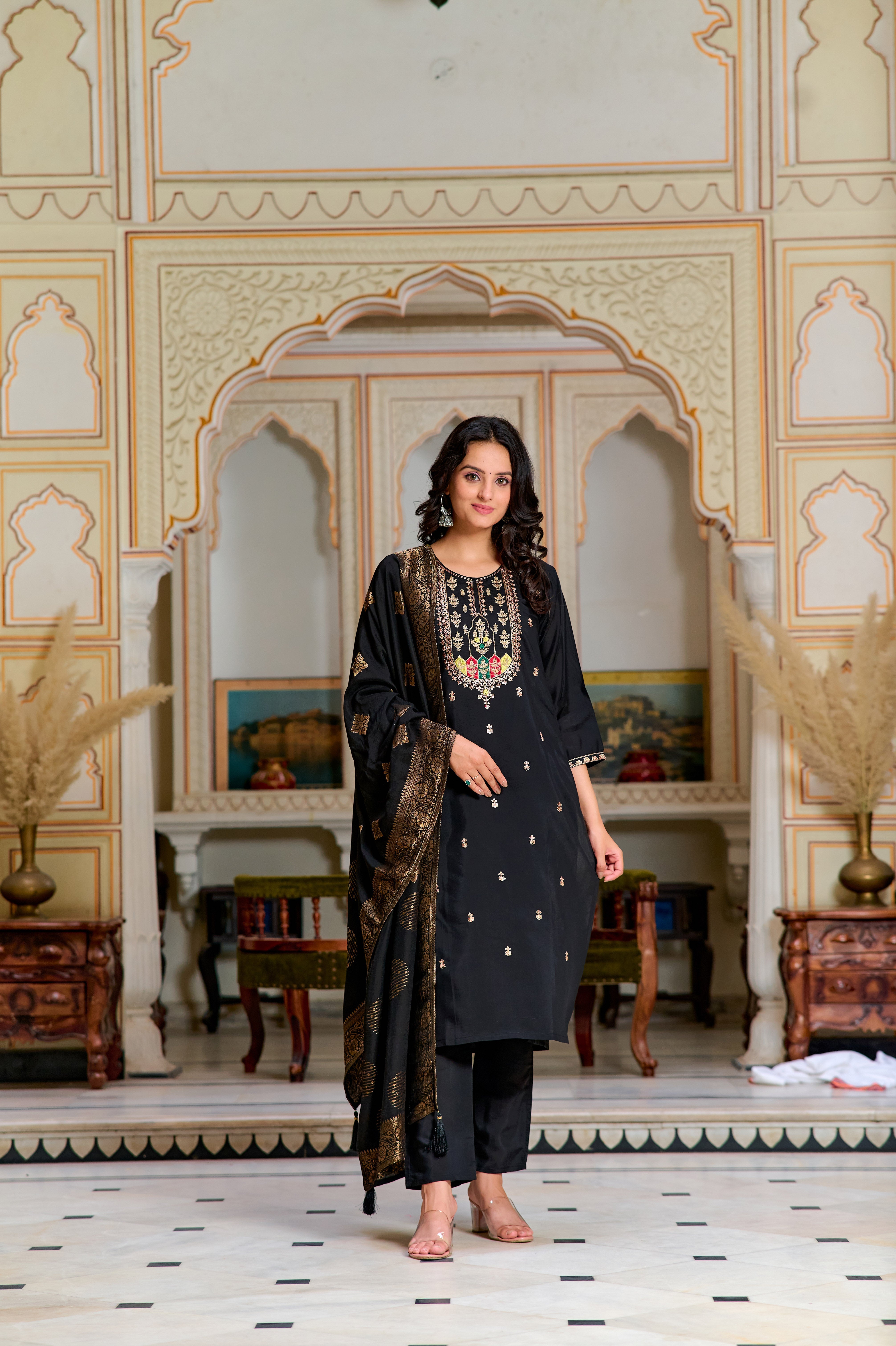 Women's Round Neck Embroidered Work, Chanderi Fabric Kurta & Pant With Dupatta Set - Taantav