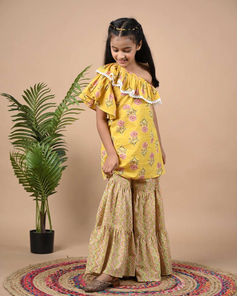 Girl's Adorable Sunshine Frill Kurta And Sharara Set