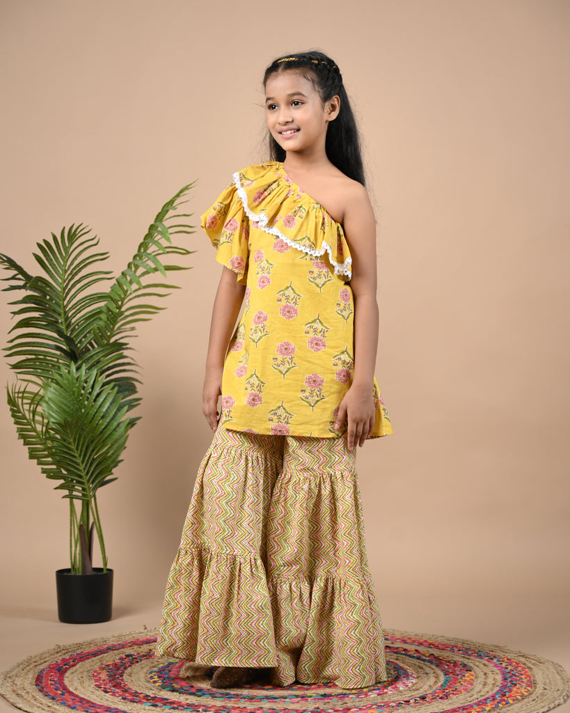 Girl's Adorable Sunshine Frill Kurta And Sharara Set