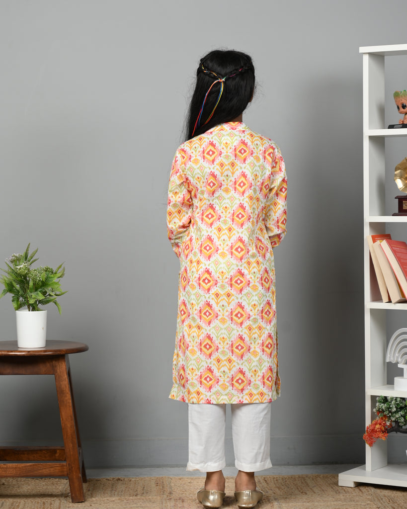 Girl's Joyful Multi Color Long Kurta And Pant Set