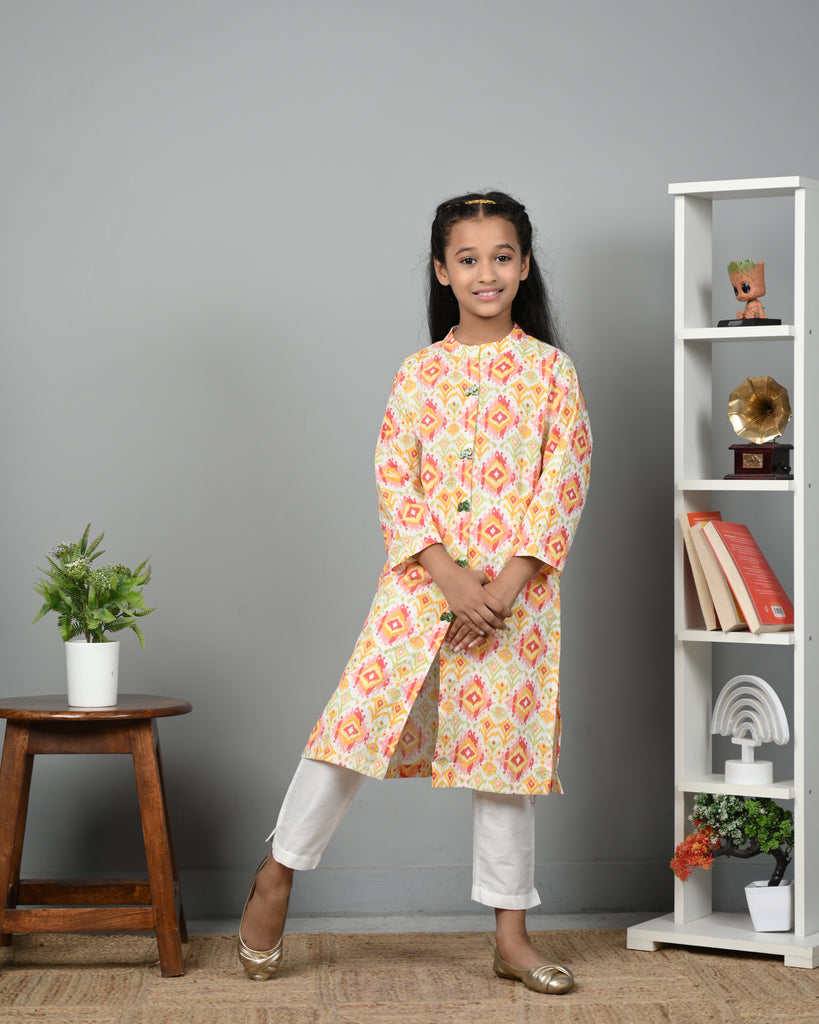 Girl's Joyful Multi Color Long Kurta And Pant Set