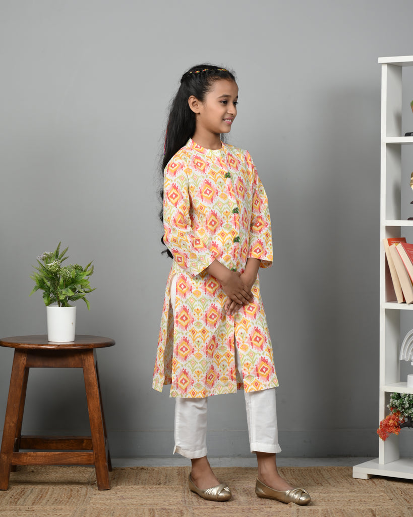 Girl's Joyful Multi Color Long Kurta And Pant Set