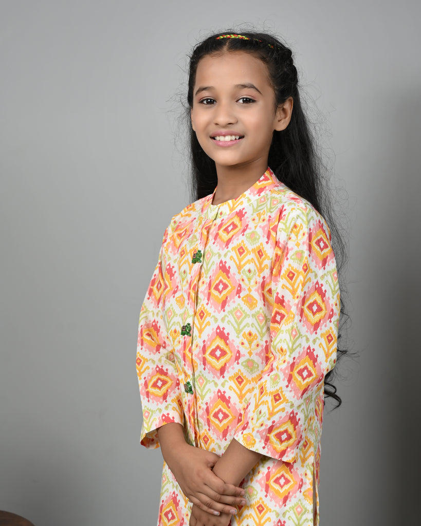 Girl's Joyful Multi Color Long Kurta And Pant Set