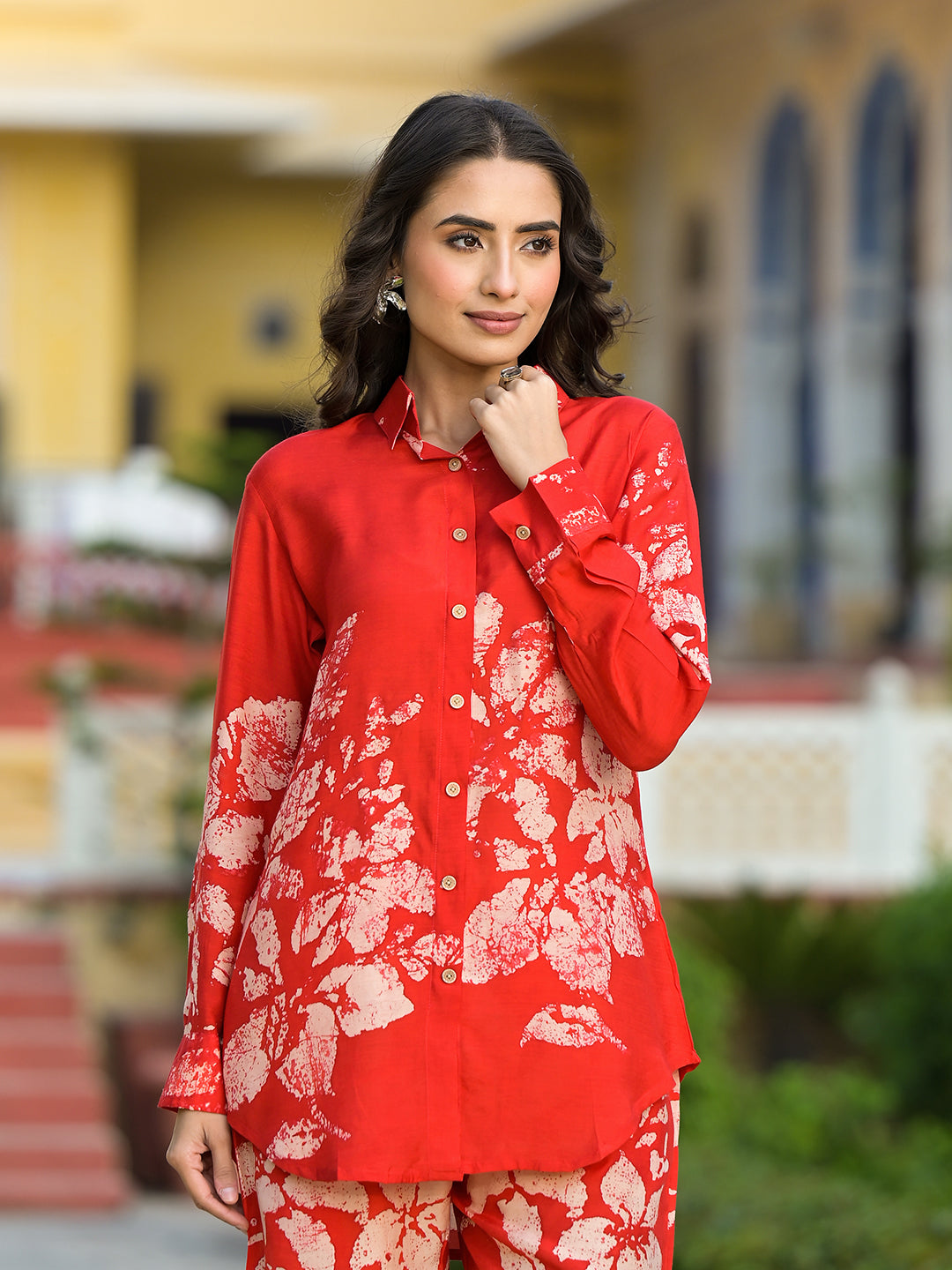 Women's Red Hand Painted Muslin Co-ord Set - Taantav