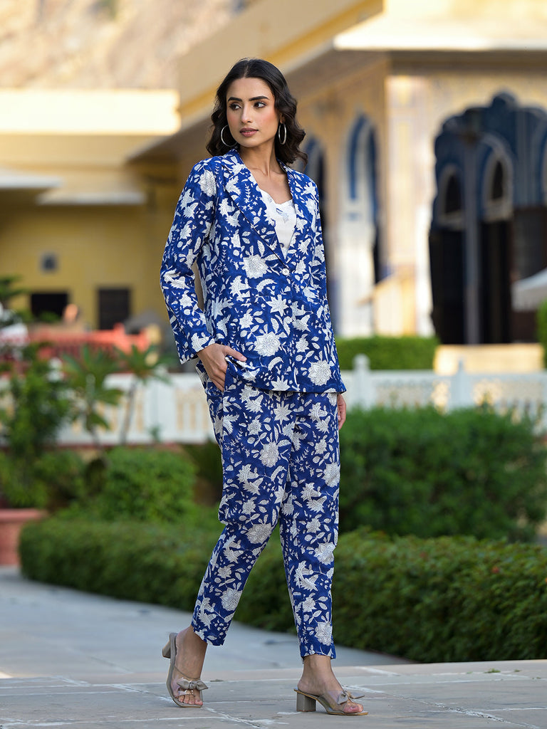Women's Blue & White Floral hand block Printed Co-ord Set