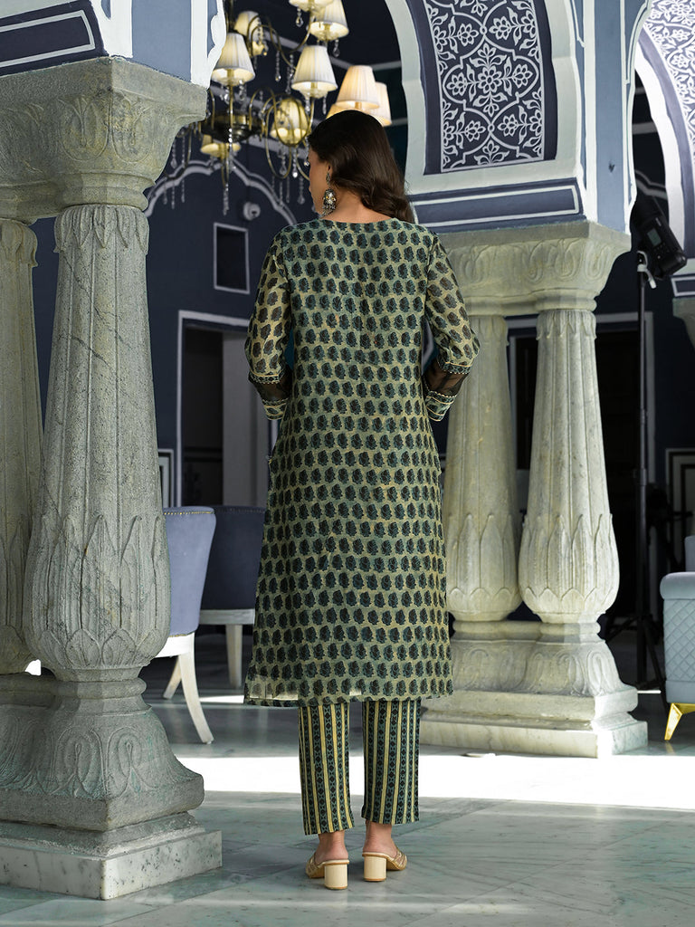 Women's Green Ethnic Printed Chanderi Silk Kurta Trouser with Dupatta Set