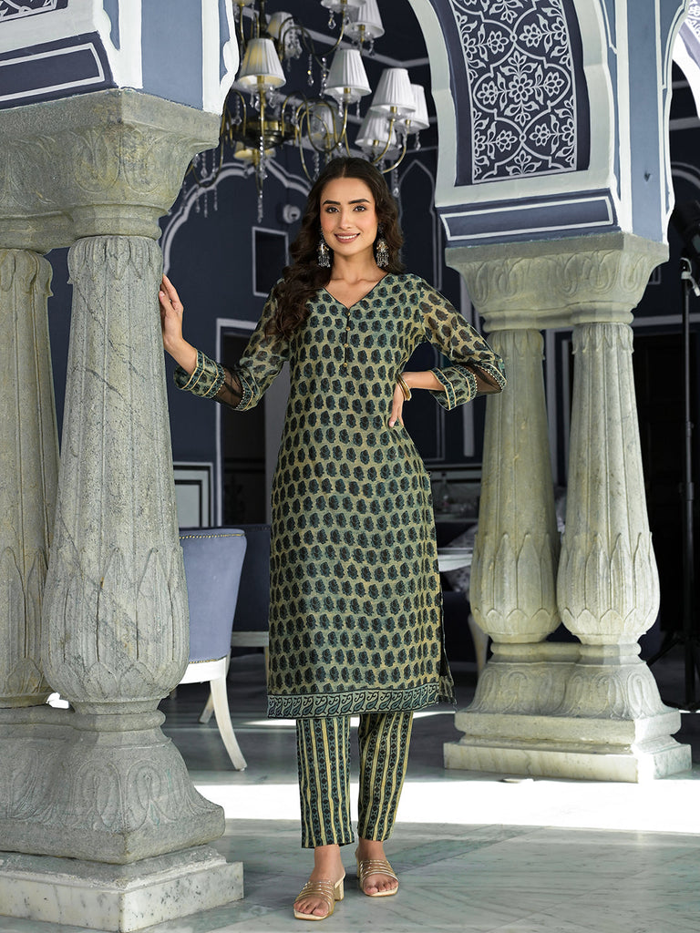 Women's Green Ethnic Printed Chanderi Silk Kurta Trouser with Dupatta Set