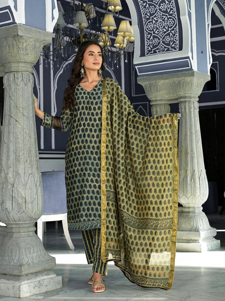 Women's Green Ethnic Printed Chanderi Silk Kurta Trouser with Dupatta Set