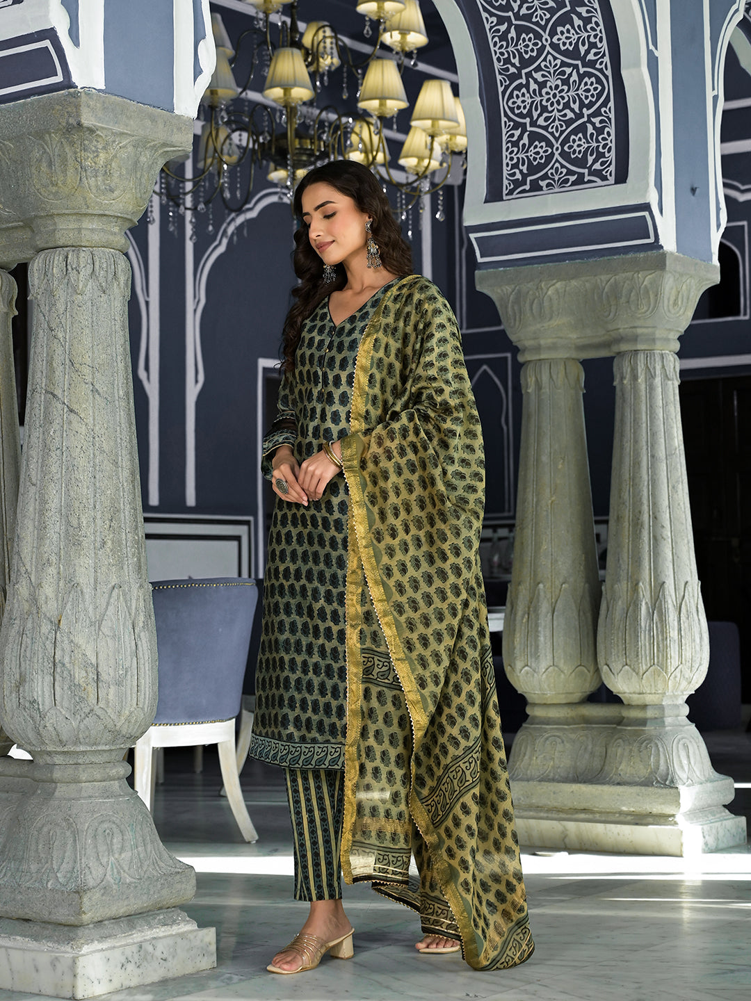 Women's Green Ethnic Printed Chanderi Silk Kurta Trouser with Dupatta Set - Taantav