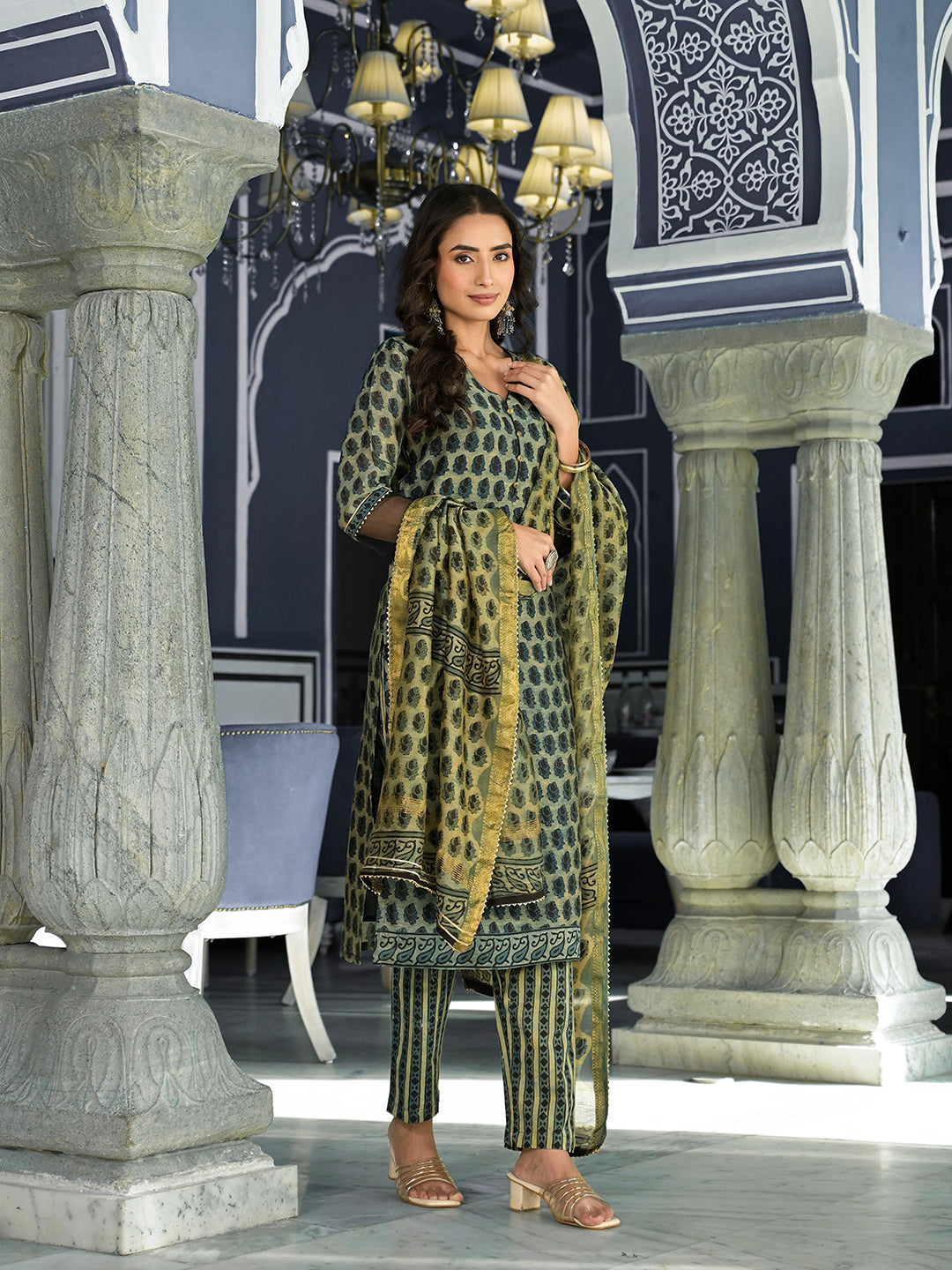 Women's Green Ethnic Printed Chanderi Silk Kurta Trouser with Dupatta Set - Taantav