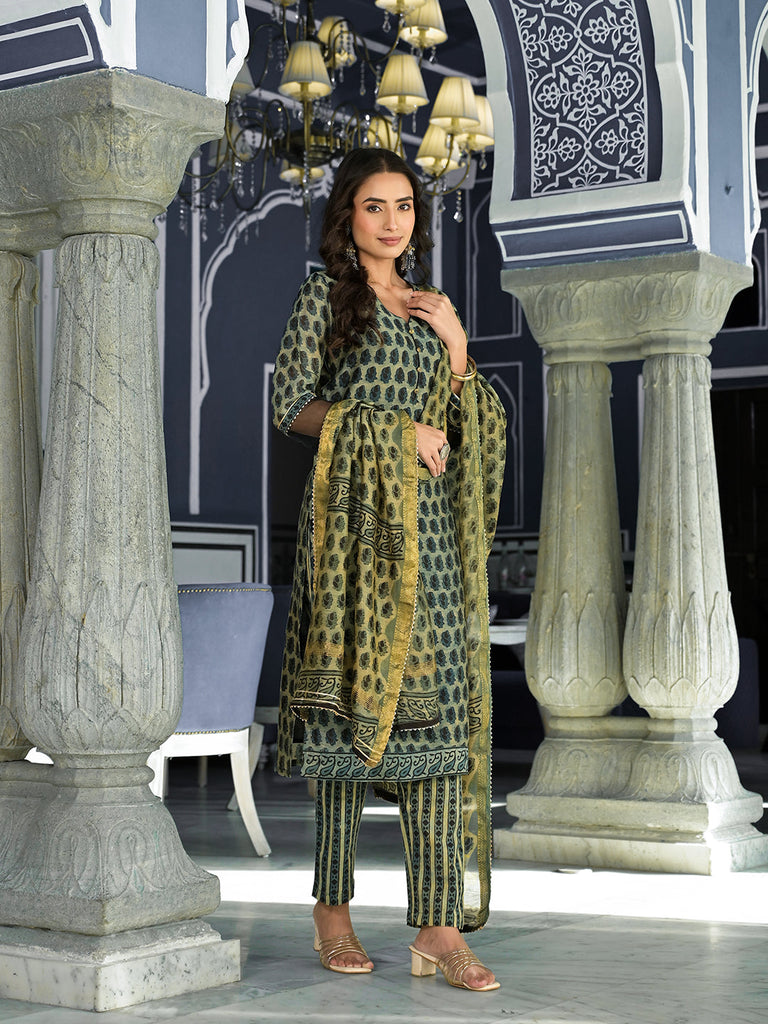 Women's Green Ethnic Printed Chanderi Silk Kurta Trouser with Dupatta Set