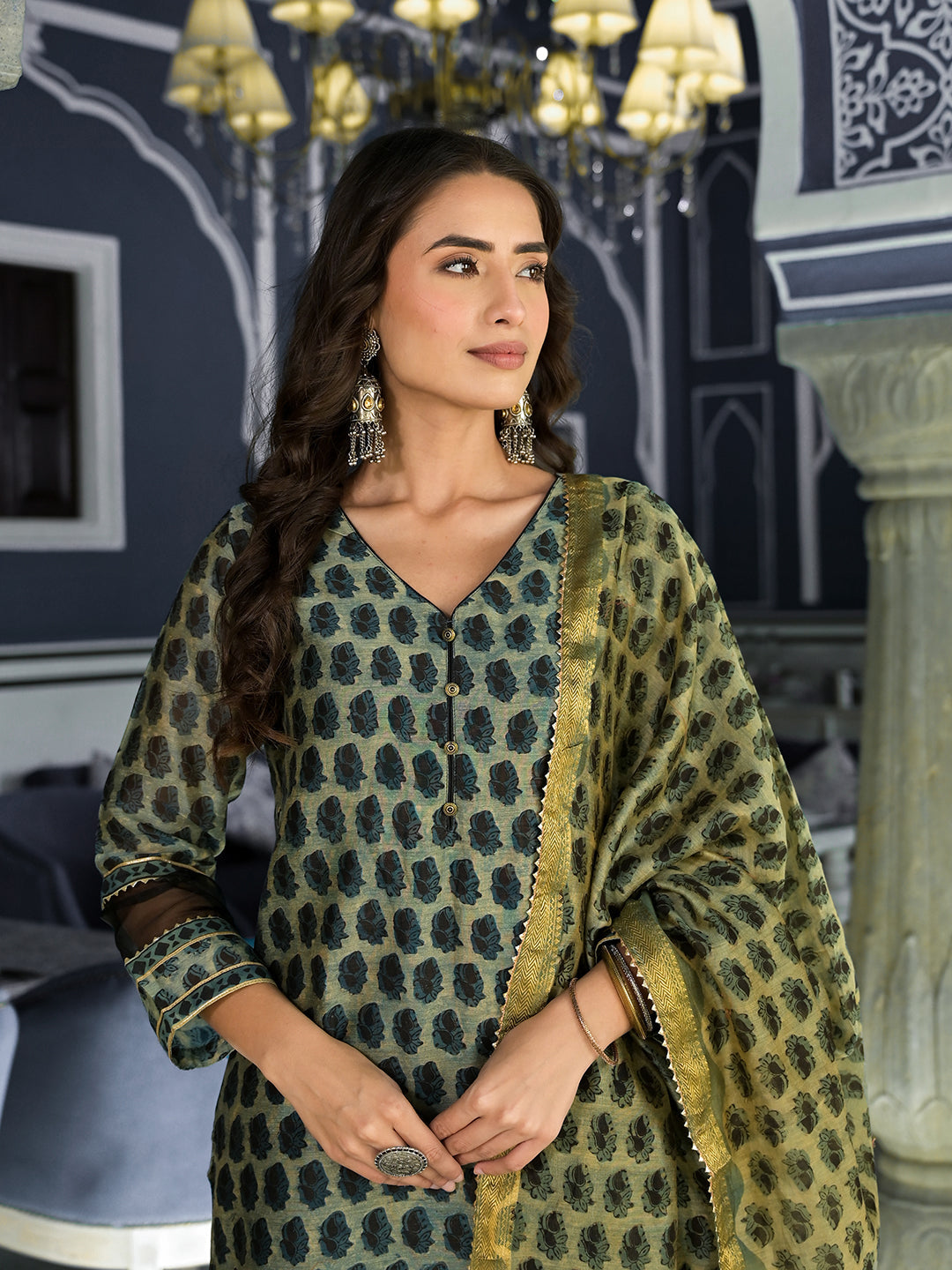 Women's Green Ethnic Printed Chanderi Silk Kurta Trouser with Dupatta Set - Taantav