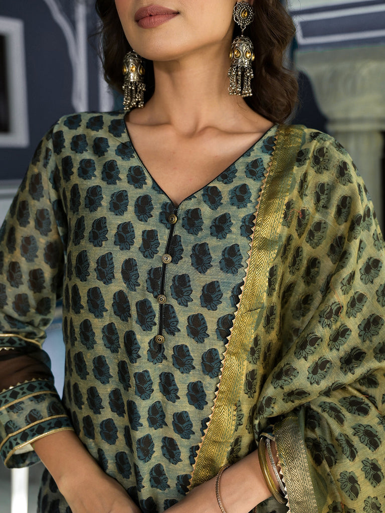 Women's Green Ethnic Printed Chanderi Silk Kurta Trouser with Dupatta Set