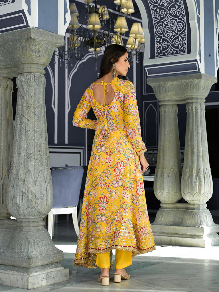 Women's Yellow Floral Printed Anarkali Muslin Kurta Trouser with Dupatta Set