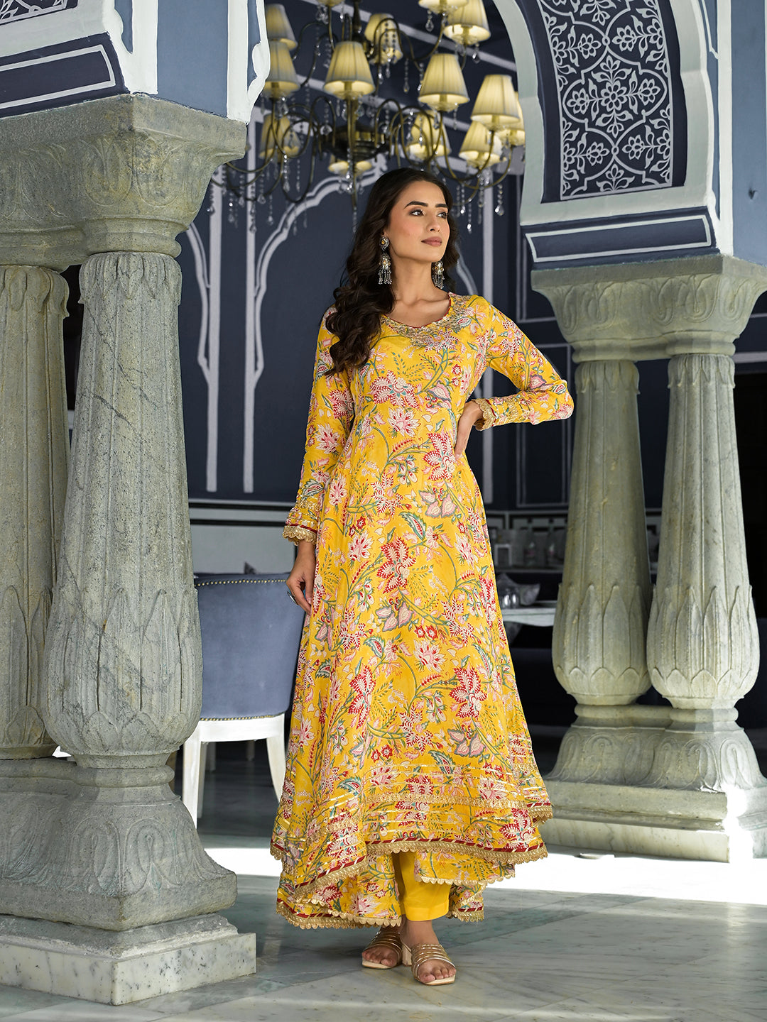 Women's Yellow Floral Printed Anarkali Muslin Kurta Trouser with Dupatta Set - Taantav