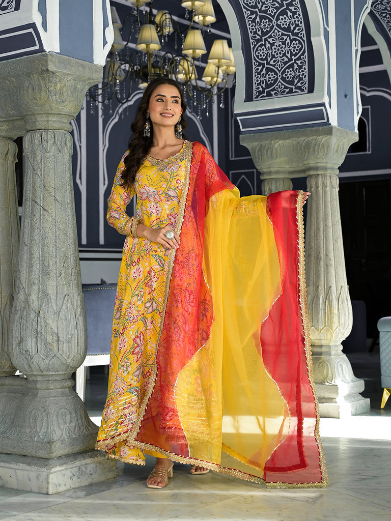 Women's Yellow Floral Printed Anarkali Muslin Kurta Trouser with Dupatta Set