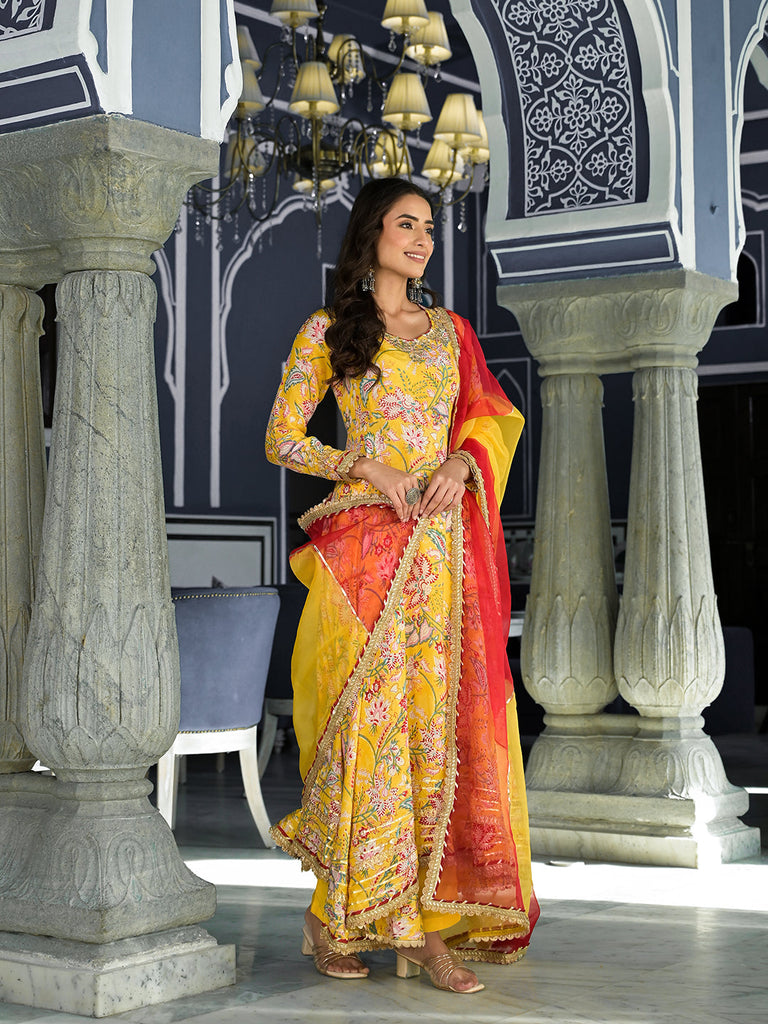 Women's Yellow Floral Printed Anarkali Muslin Kurta Trouser with Dupatta Set