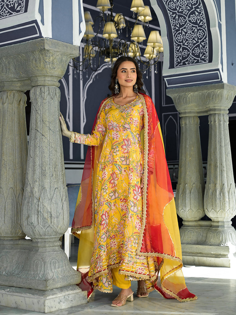 Women's Yellow Floral Printed Anarkali Muslin Kurta Trouser with Dupatta Set
