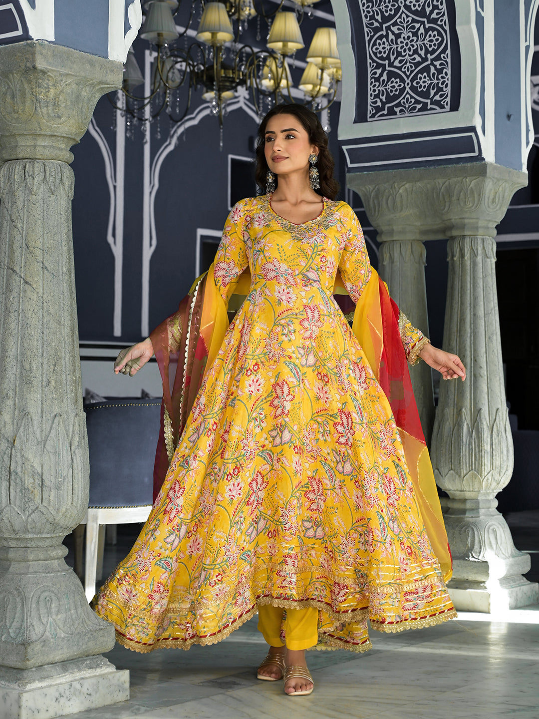 Women's Yellow Floral Printed Anarkali Muslin Kurta Trouser with Dupatta Set - Taantav