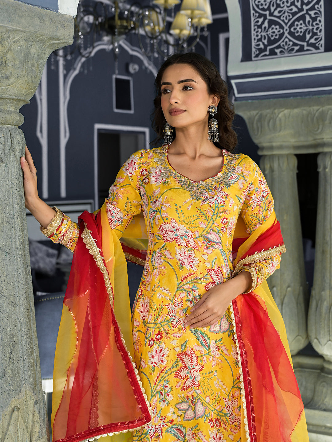 Women's Yellow Floral Printed Anarkali Muslin Kurta Trouser with Dupatta Set - Taantav