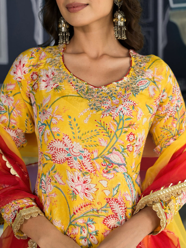 Women's Yellow Floral Printed Anarkali Muslin Kurta Trouser with Dupatta Set