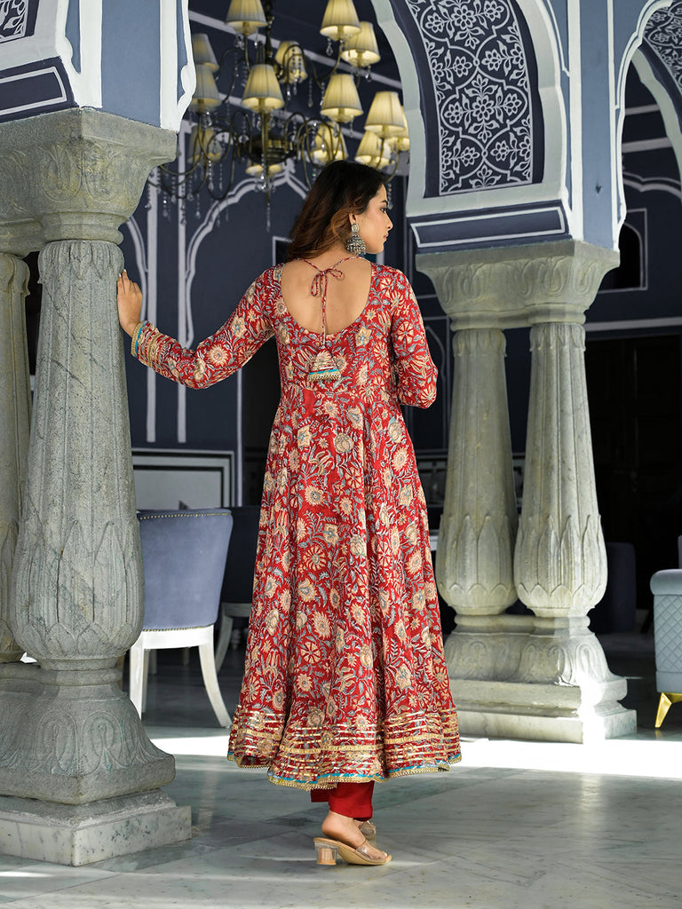 Women's Red Floral Printed Anarkali Muslin Kurta Trouser with Dupatta Set